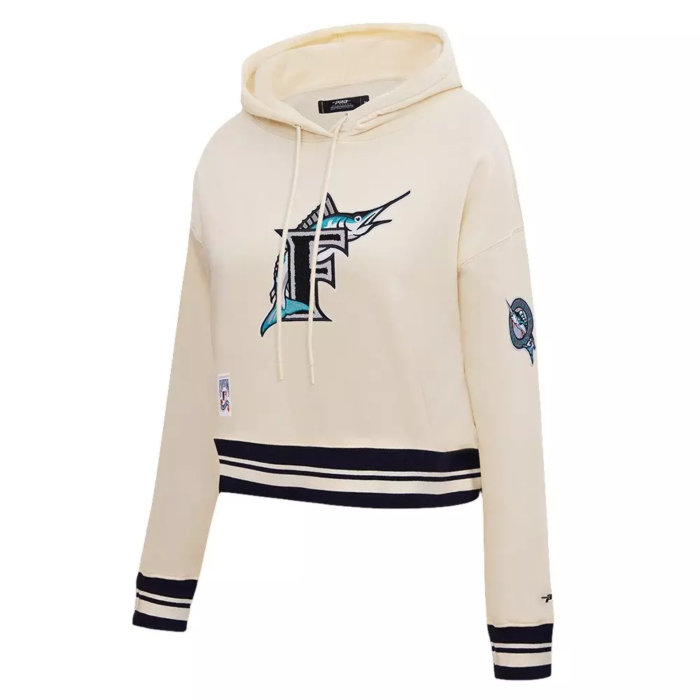 Pro Standard Women's MLB Miami Marlins Retro Classic Cropped Fleece Hoodie -Eggshell/Black - EGGSHELL/BLACK