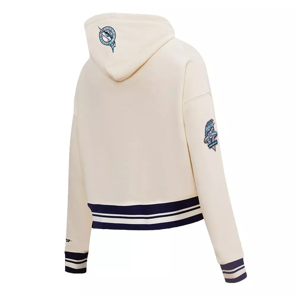 Pro Standard Women's MLB Miami Marlins Retro Classic Cropped Fleece Hoodie -Eggshell/Black - EGGSHELL/BLACK