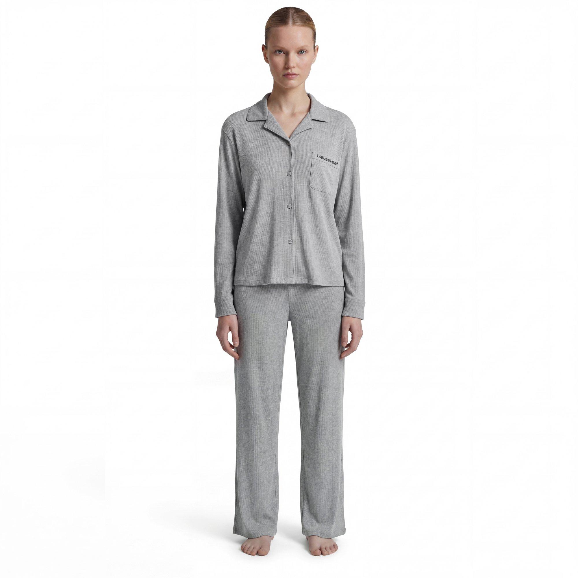 L/AB c/o Off-White Women&rsquo;s Knit Long Sleeve Collared Pajama Set - Grey - GREY