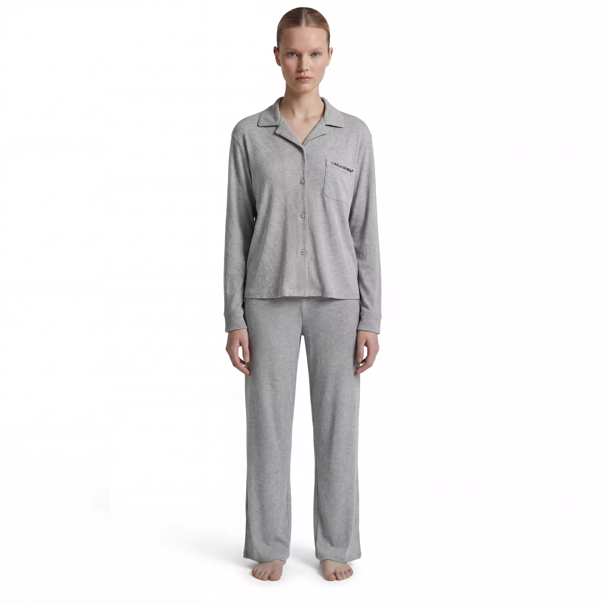 L/AB c/o Off-White Women&rsquo;s Knit Long Sleeve Collared Pajama Set - Grey - GREY