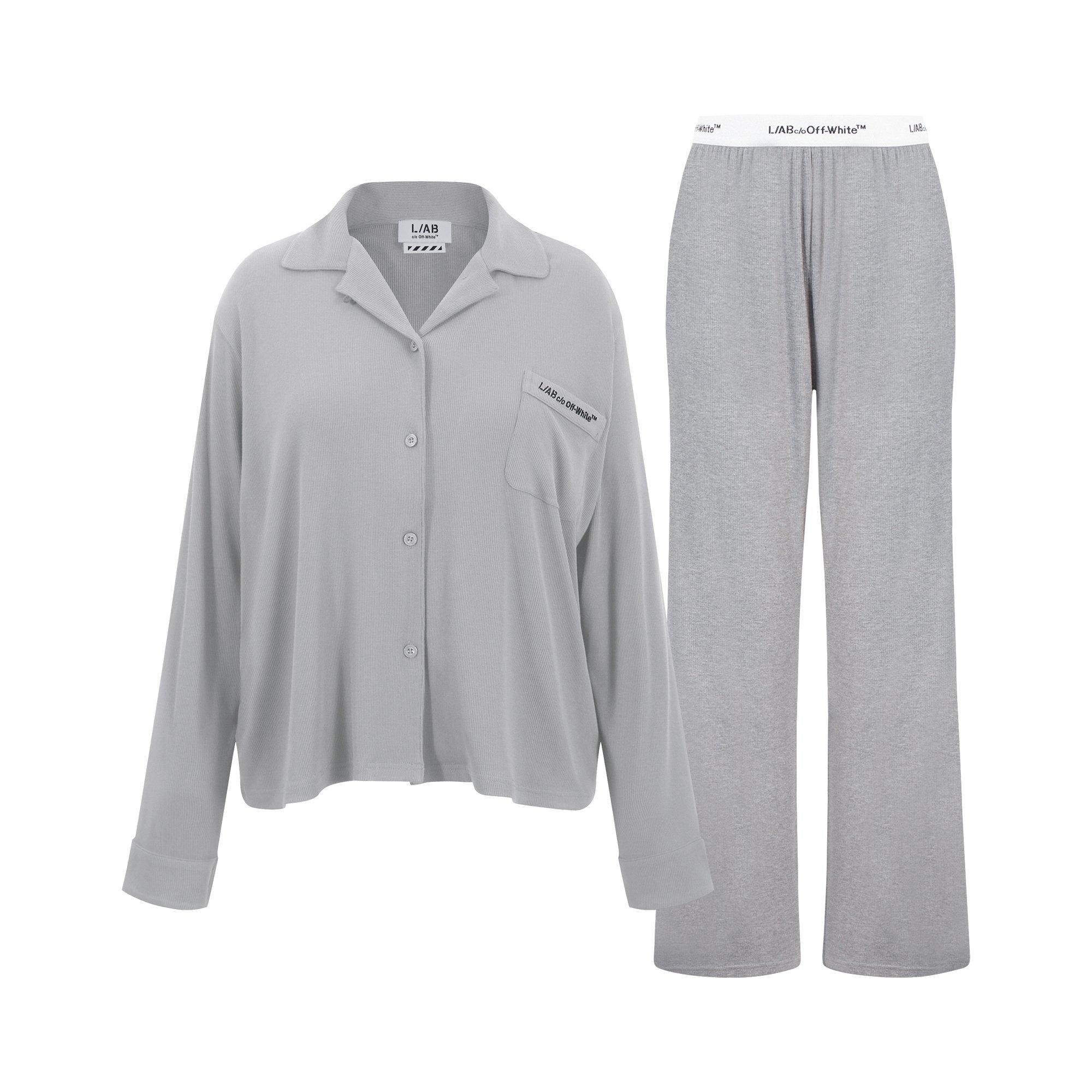L/AB c/o Off-White Women&rsquo;s Knit Long Sleeve Collared Pajama Set - Grey - GREY