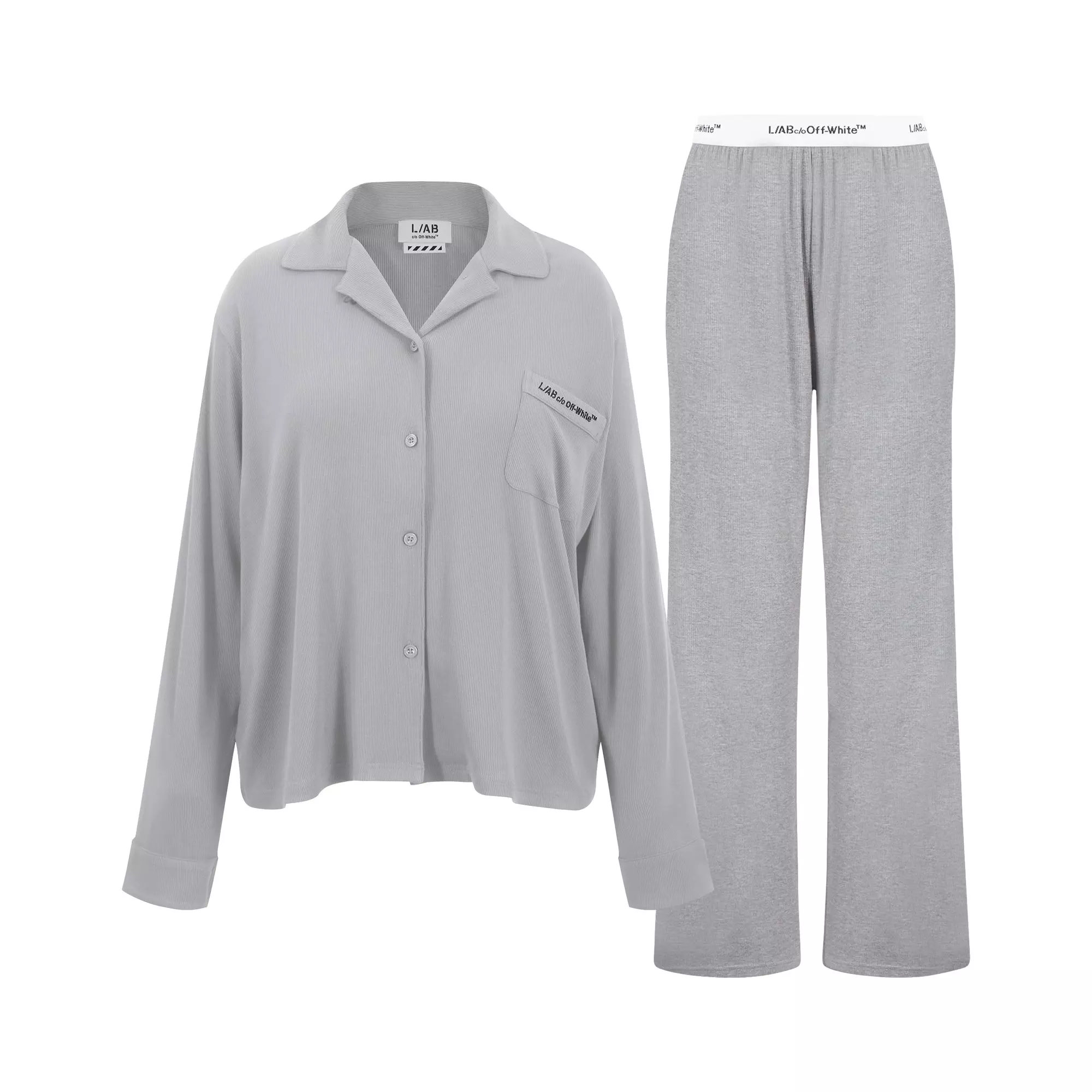 L/AB c/o Off-White Women&rsquo;s Knit Long Sleeve Collared Pajama Set - Grey - GREY