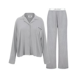 L/AB c/o Off-White Women&rsquo;s Knit Long Sleeve Collared Pajama Set - Grey - GREY