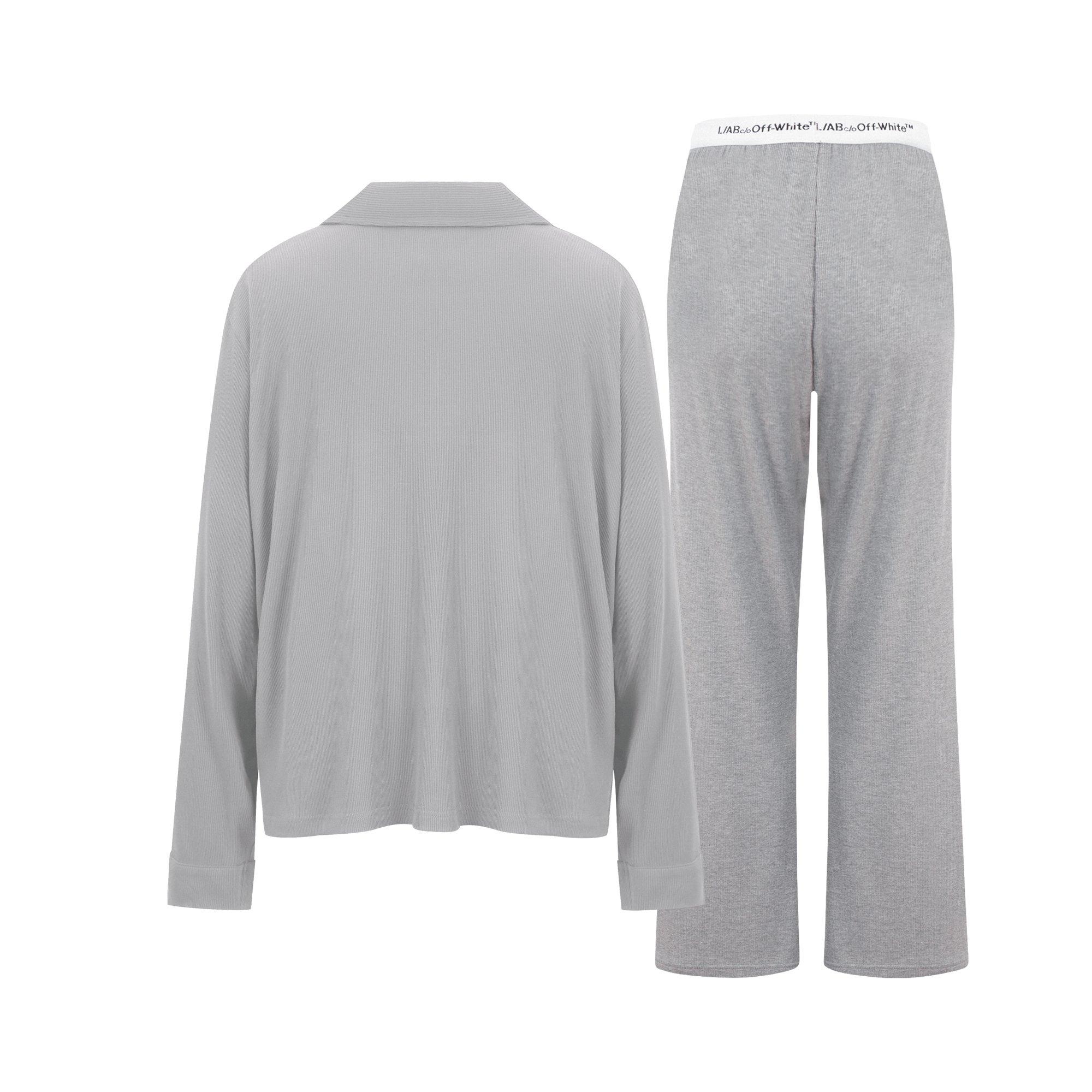 L/AB c/o Off-White Women&rsquo;s Knit Long Sleeve Collared Pajama Set - Grey - GREY