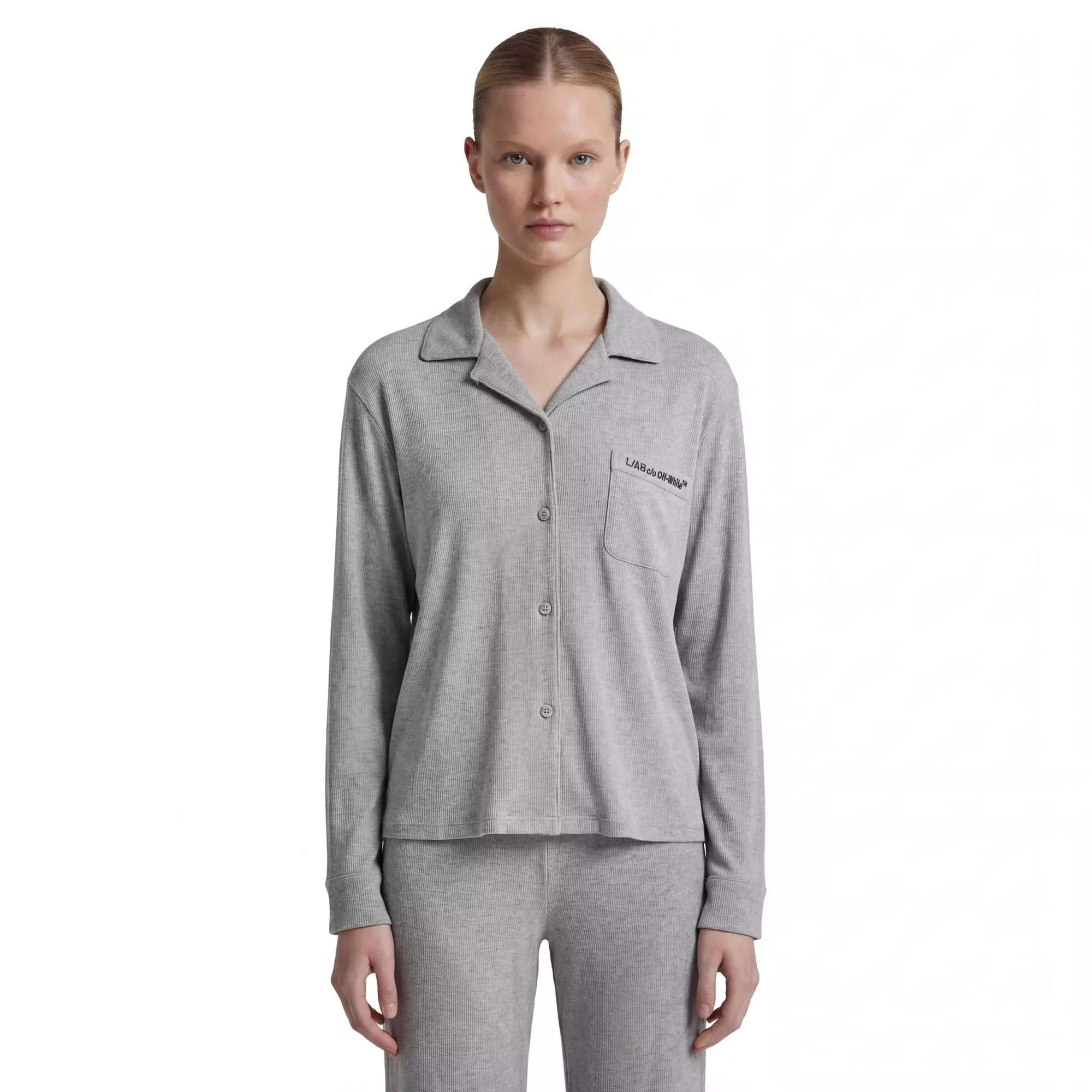 L/AB c/o Off-White Women&rsquo;s Knit Long Sleeve Collared Pajama Set - Grey - GREY