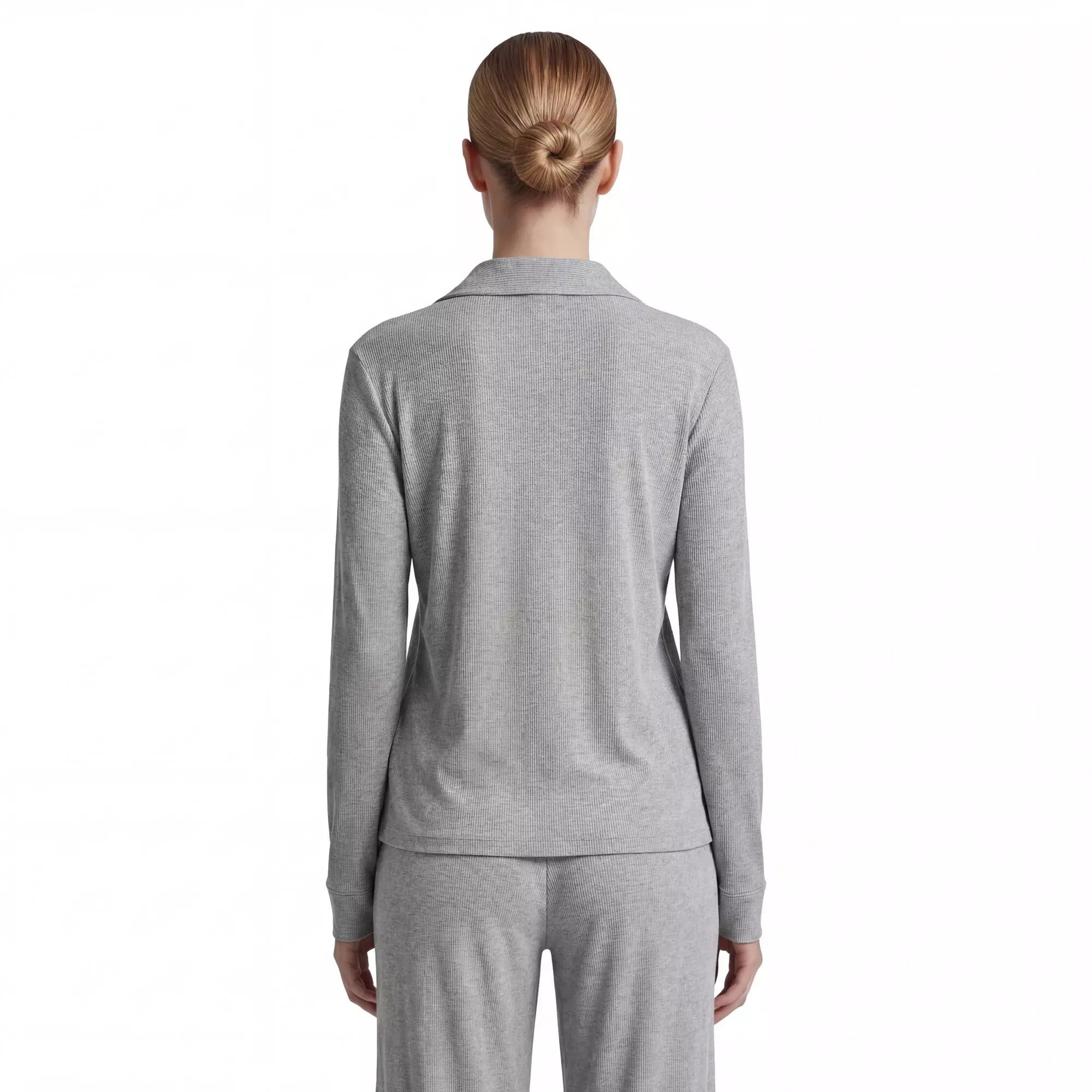 L/AB c/o Off-White Women&rsquo;s Knit Long Sleeve Collared Pajama Set - Grey - GREY