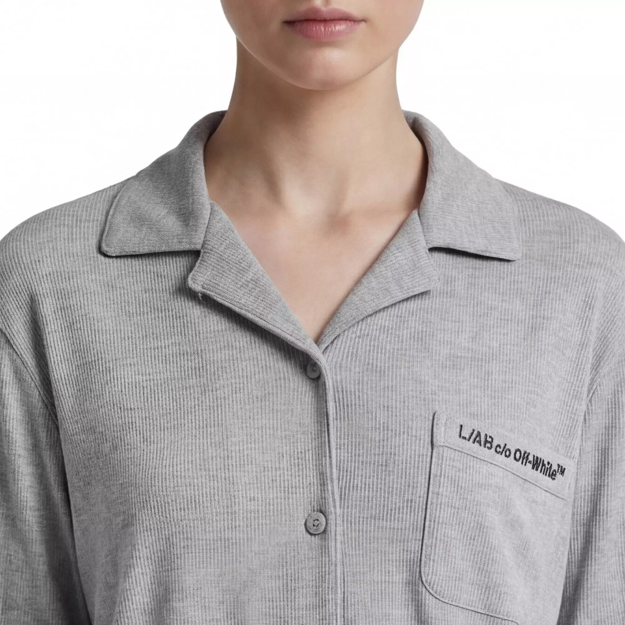 L/AB c/o Off-White Women&rsquo;s Knit Long Sleeve Collared Pajama Set - Grey - GREY