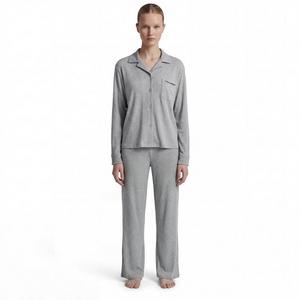 L/AB c/o Off-White Women&rsquo;s Knit Long Sleeve Collared Pajama Set - Grey - GREY