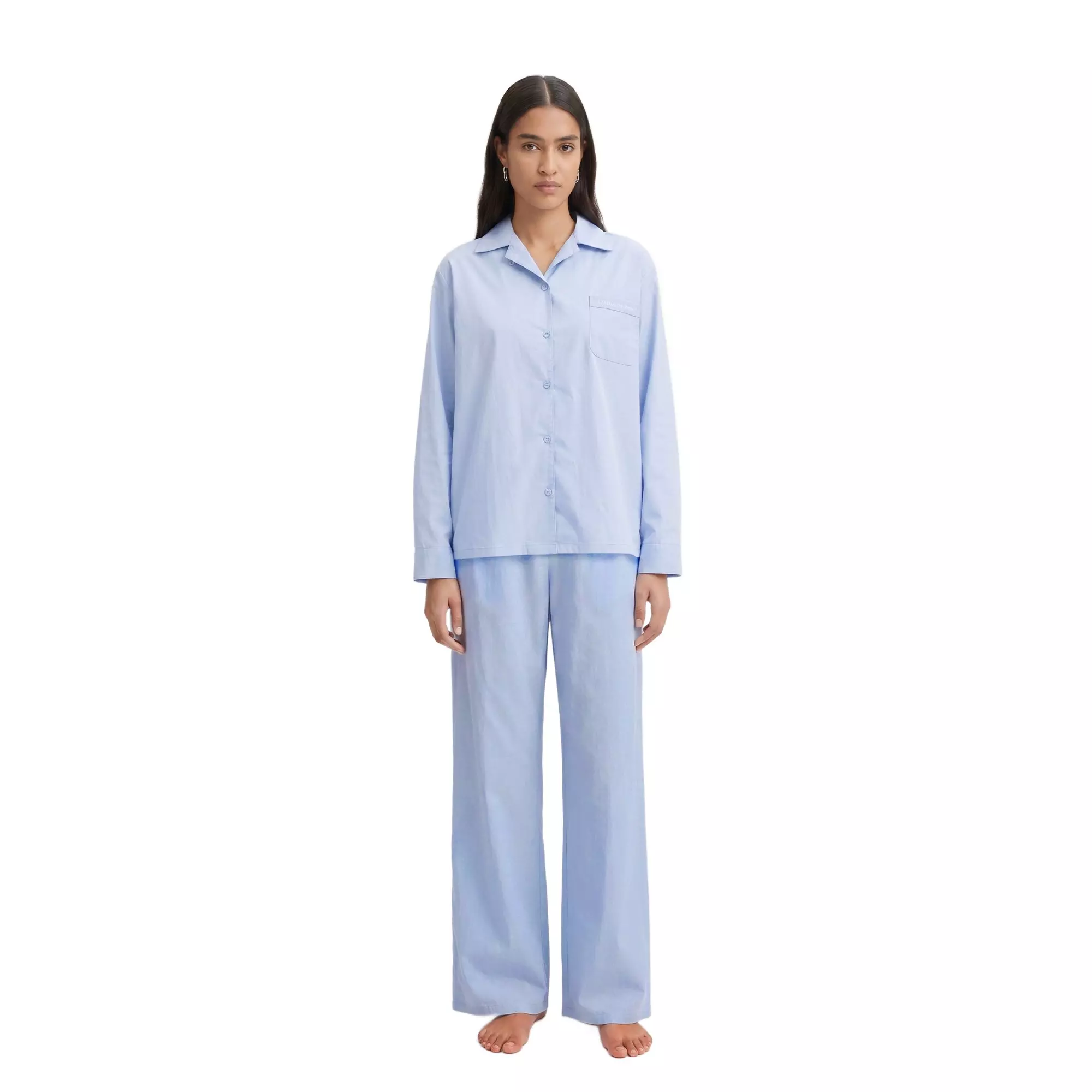 L/AB c/o Off-White Women&rsquo;s Woven Long Sleeve Collared Pajama Set - Blue - BLUE
