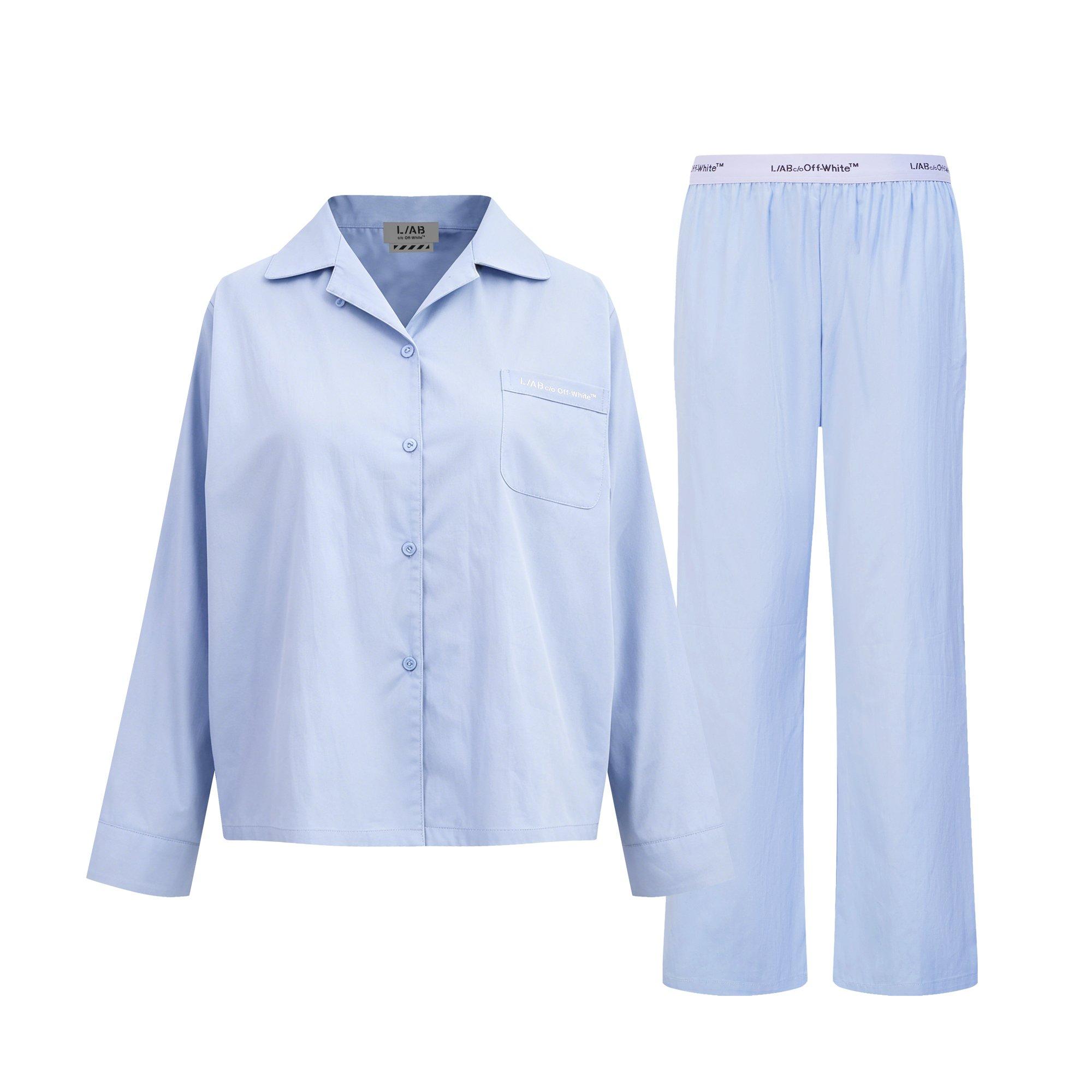 L/AB c/o Off-White Women&rsquo;s Woven Long Sleeve Collared Pajama Set - Blue - BLUE