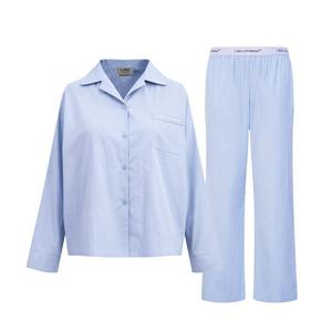 L/AB c/o Off-White Women&rsquo;s Woven Long Sleeve Collared Pajama Set - Blue - BLUE