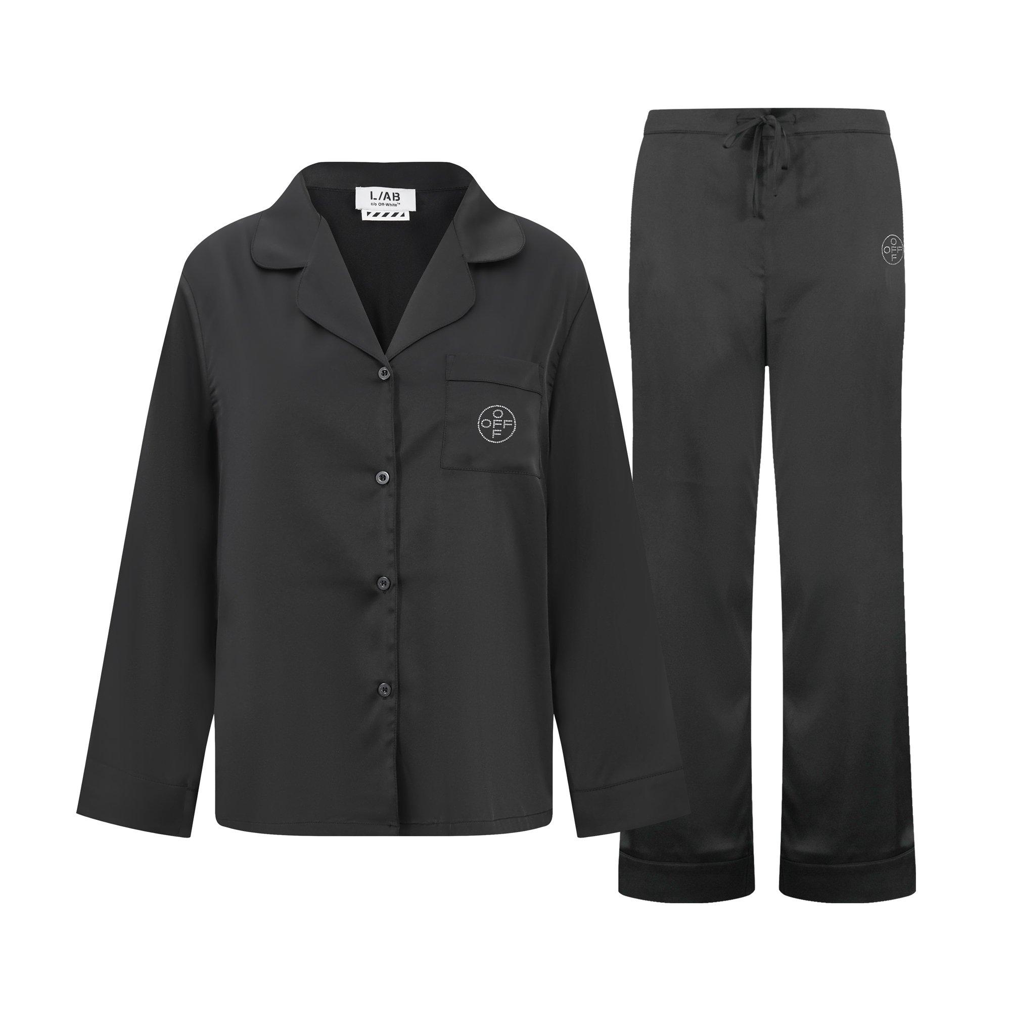 L/AB c/o Off-White Women&rsquo;s Rhinestone Sateen Long Sleeve Collared Pajama Set - Black - BLACK