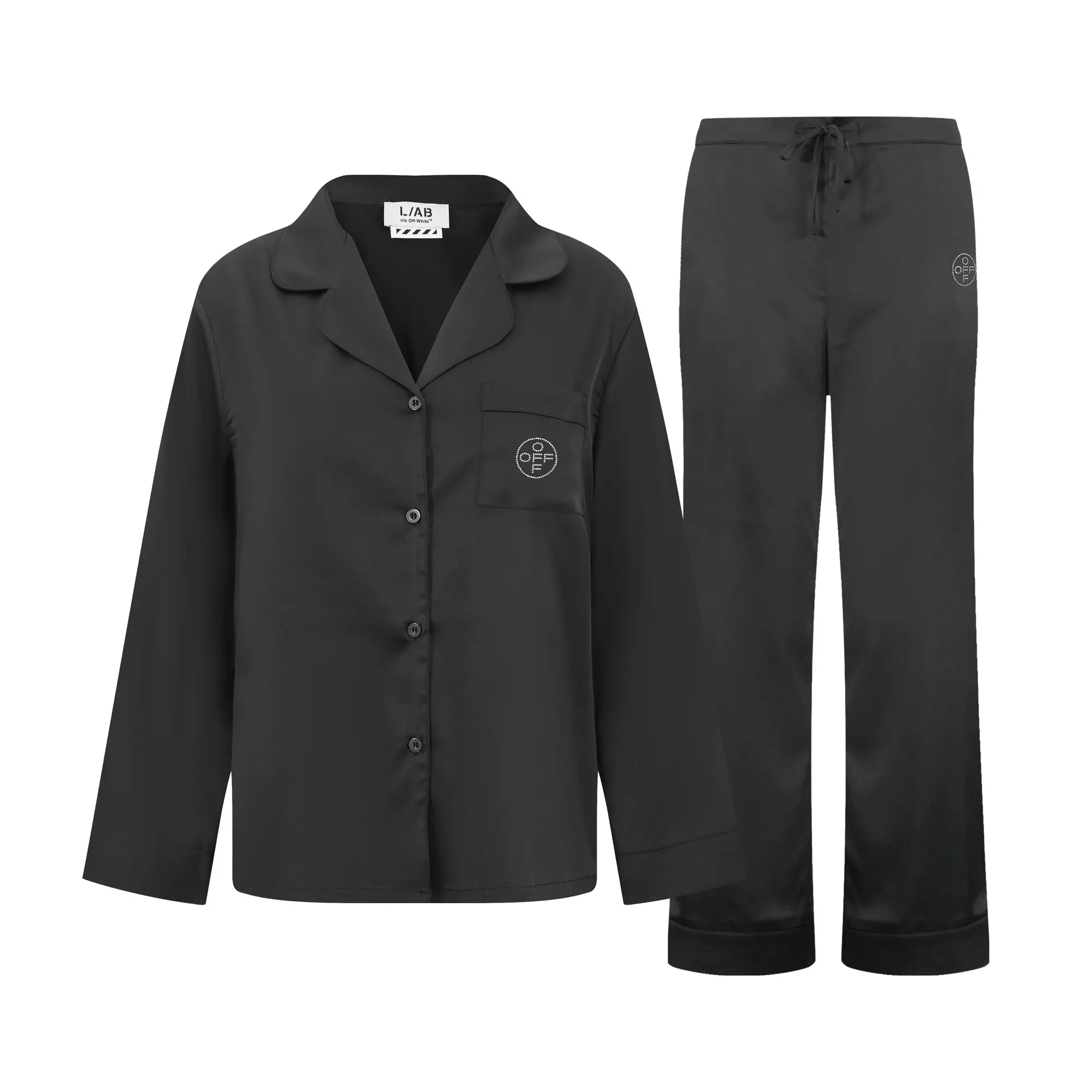 L/AB c/o Off-White Women&rsquo;s Rhinestone Sateen Long Sleeve Collared Pajama Set - Black - BLACK