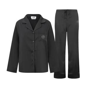 L/AB c/o Off-White Women&rsquo;s Rhinestone Sateen Long Sleeve Collared Pajama Set - Black - BLACK