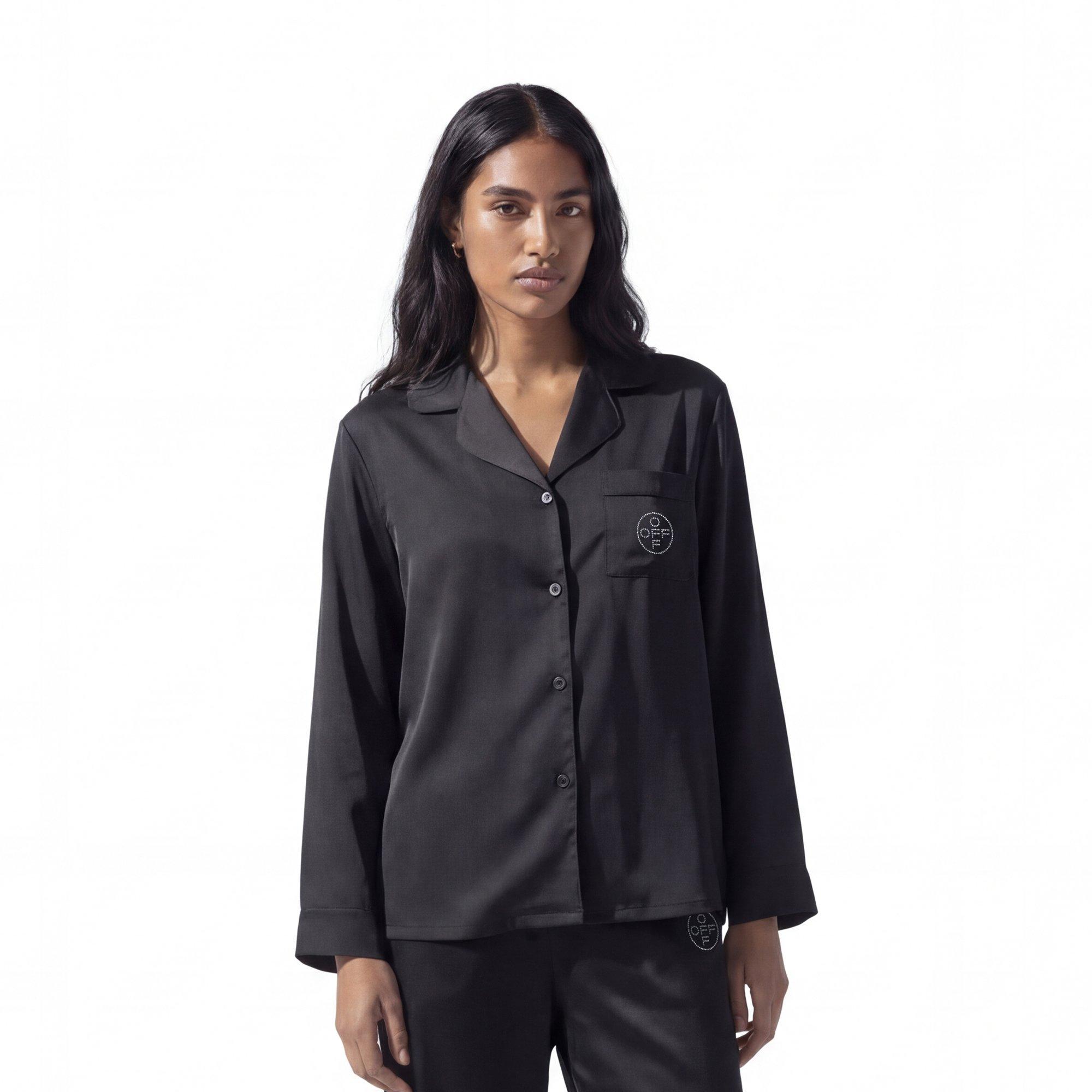 L/AB c/o Off-White Women&rsquo;s Rhinestone Sateen Long Sleeve Collared Pajama Set - Black - BLACK