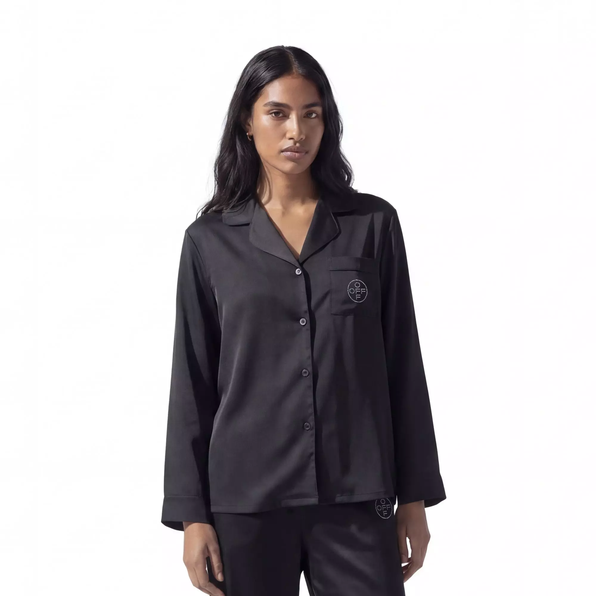 L/AB c/o Off-White Women&rsquo;s Rhinestone Sateen Long Sleeve Collared Pajama Set - Black - BLACK