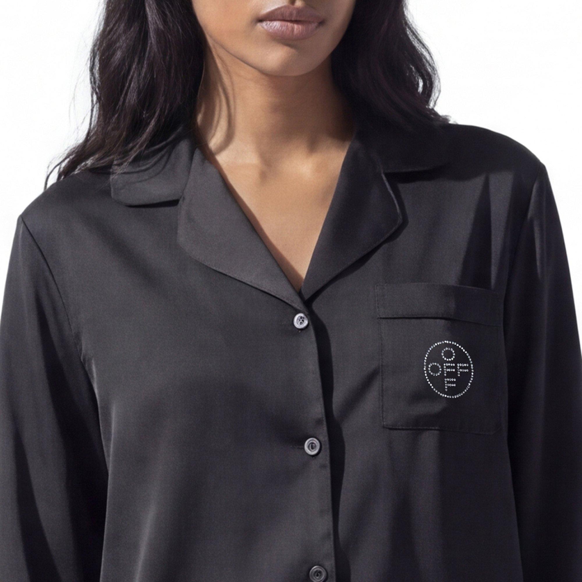 L/AB c/o Off-White Women&rsquo;s Rhinestone Sateen Long Sleeve Collared Pajama Set - Black - BLACK