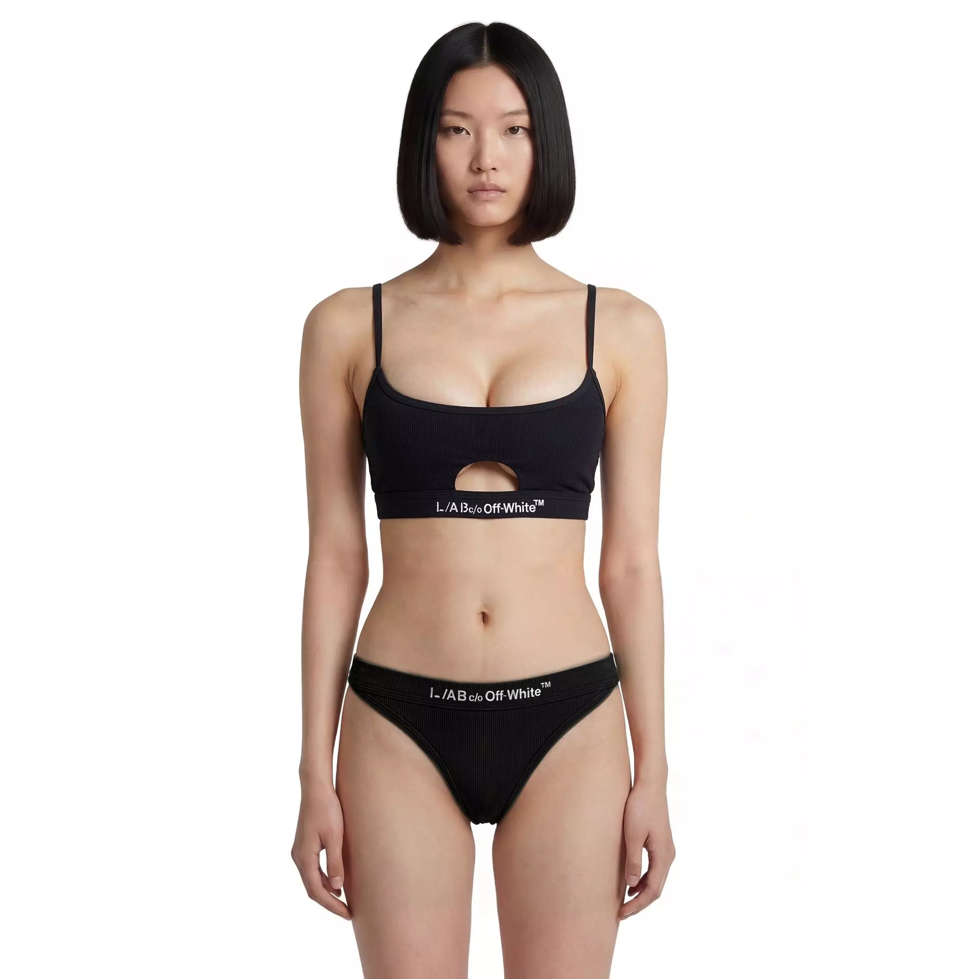 L/AB c/o Off-White Women's Ribbed Texture Solid Scoop Neck Keyhole Bikini Top - Black - BLACK