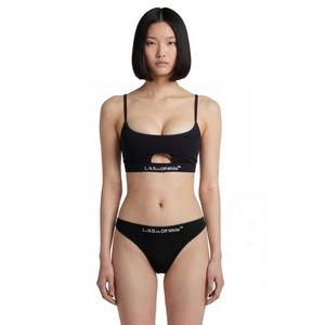 L/AB c/o Off-White Women's Ribbed Texture Solid Scoop Neck Keyhole Bikini Top - Black - BLACK