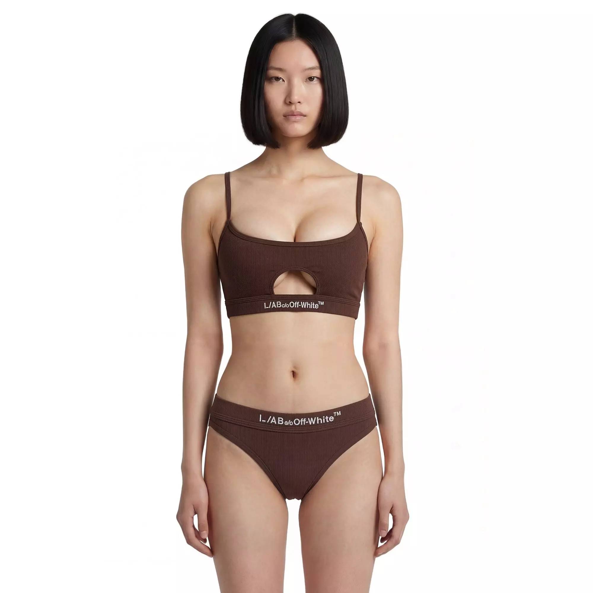 L/AB c/o Off-White Women's Ribbed Texture Solid Scoop Neck Keyhole Bikini Top - Brown - BROWN