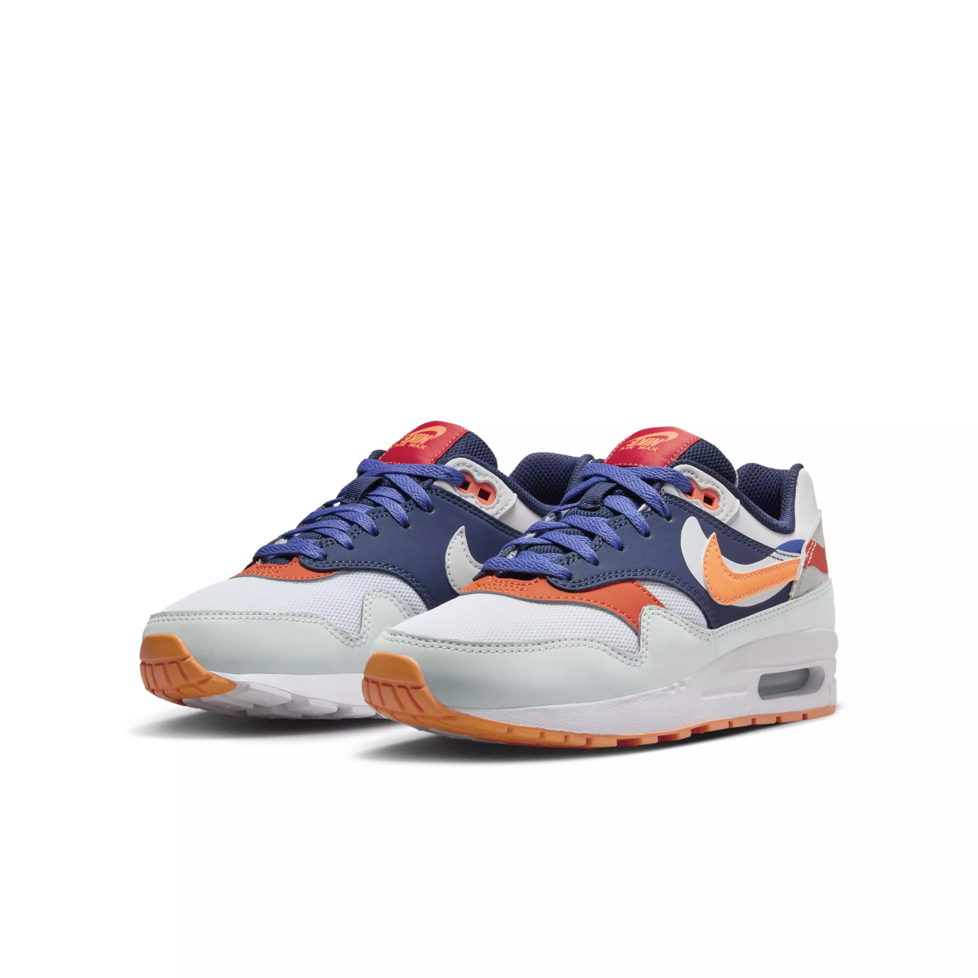 Nike Air Max 1 "Light Silver/Midnight Navy/Astronomy Blue/Total Orange" Grade School Boys' Shoe - LT SILVER/NAVY/BLUE/ORANGE