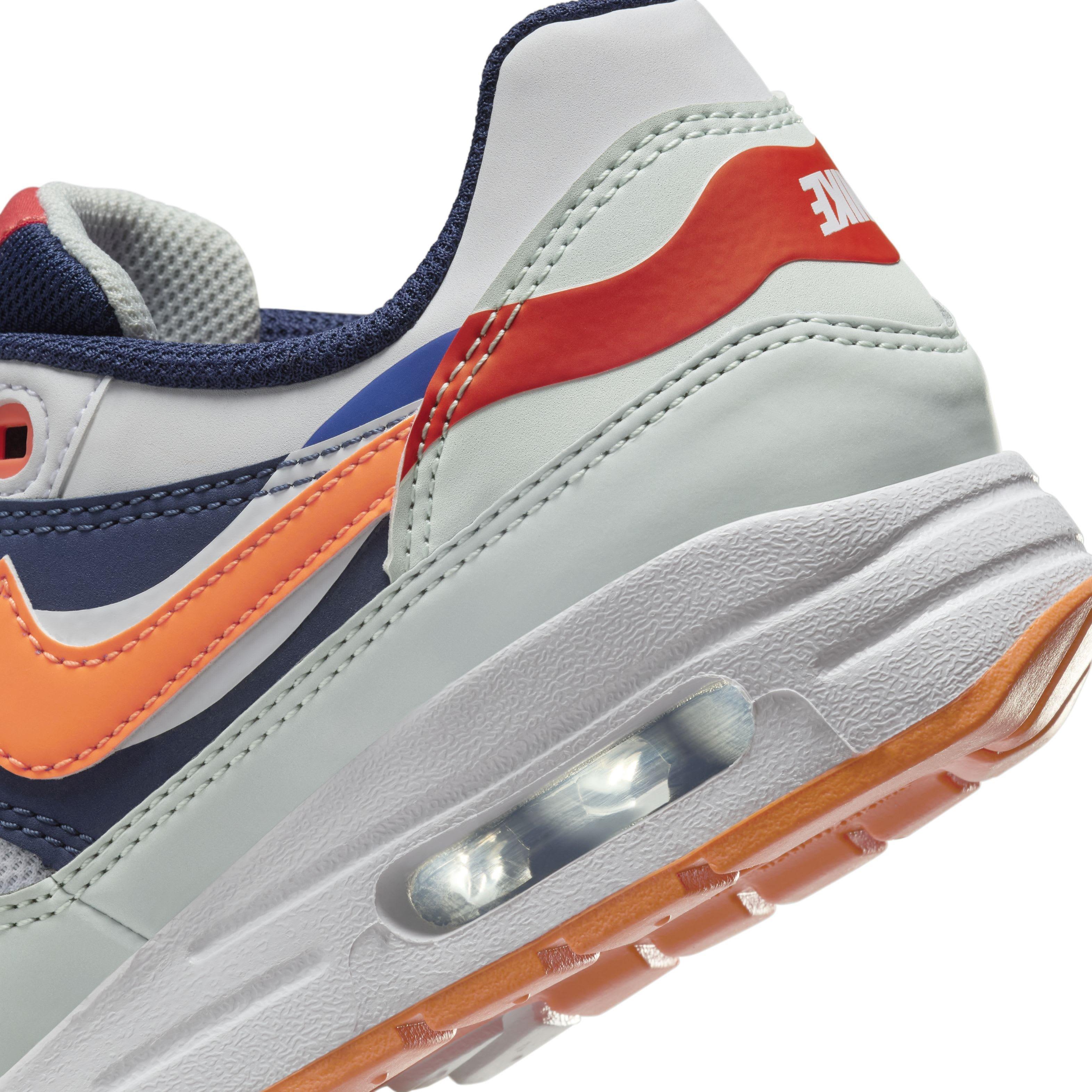 Nike Air Max 1 Grade School Boys' "Light Silver/Midnight Navy/Astronomy Blue/Total Orange" Shoe