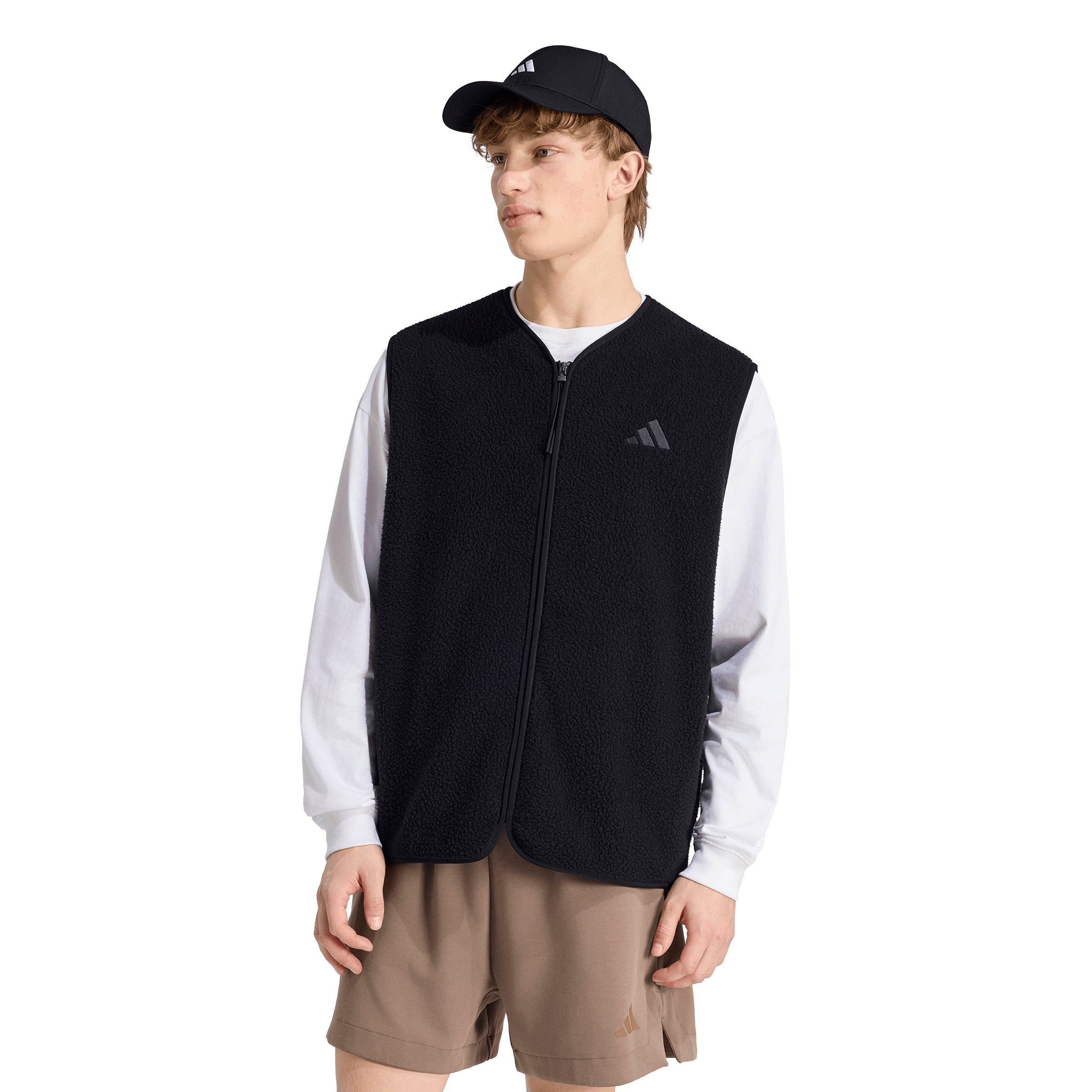 adidas Men's City Tech 3 Stripes High Pile Fleece Vest - Black - BLACK