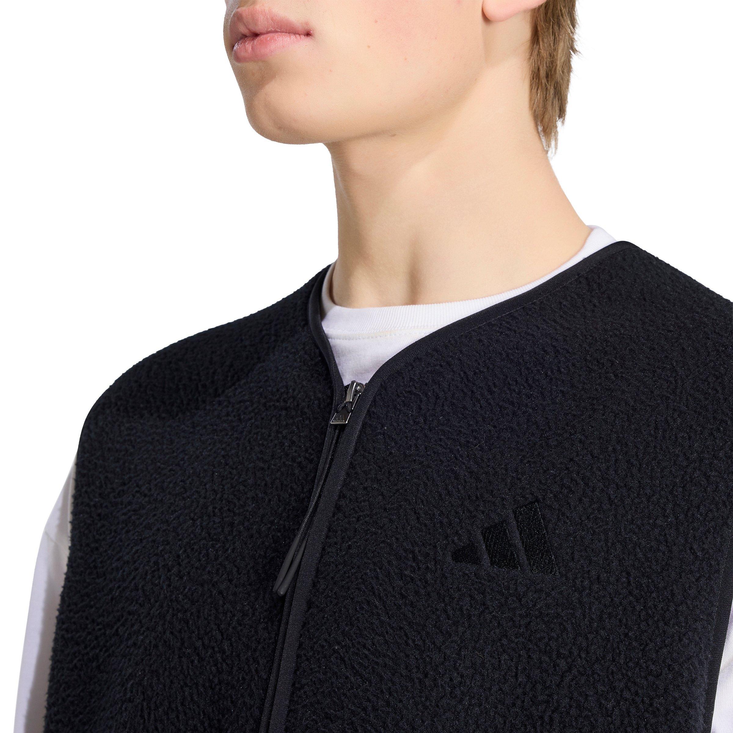 adidas Men's City Tech 3 Stripes High Pile Fleece Vest - Black - BLACK