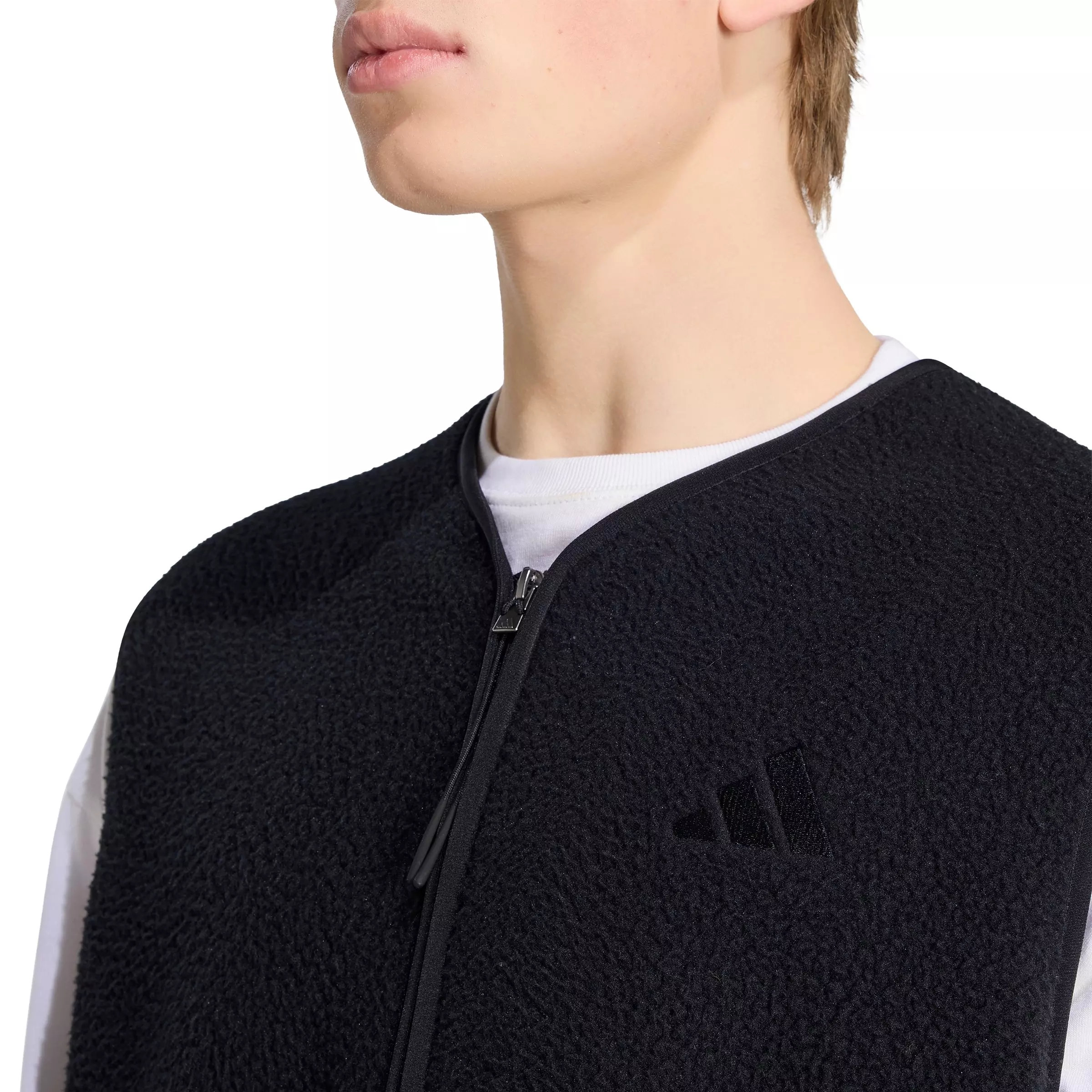 adidas Men's City Tech 3 Stripes High Pile Fleece Vest - Black - BLACK