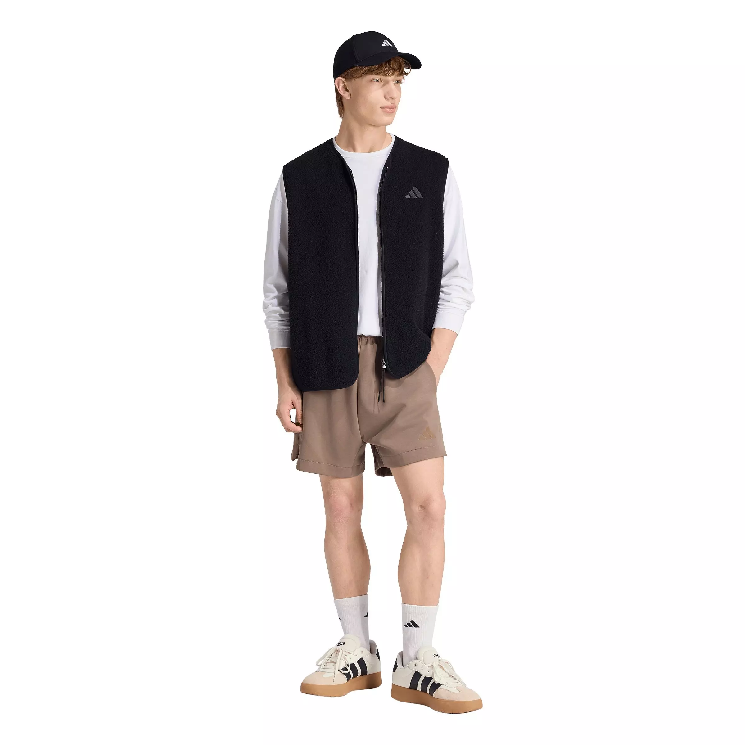 adidas Men's City Tech 3 Stripes High Pile Fleece Vest - Black - BLACK