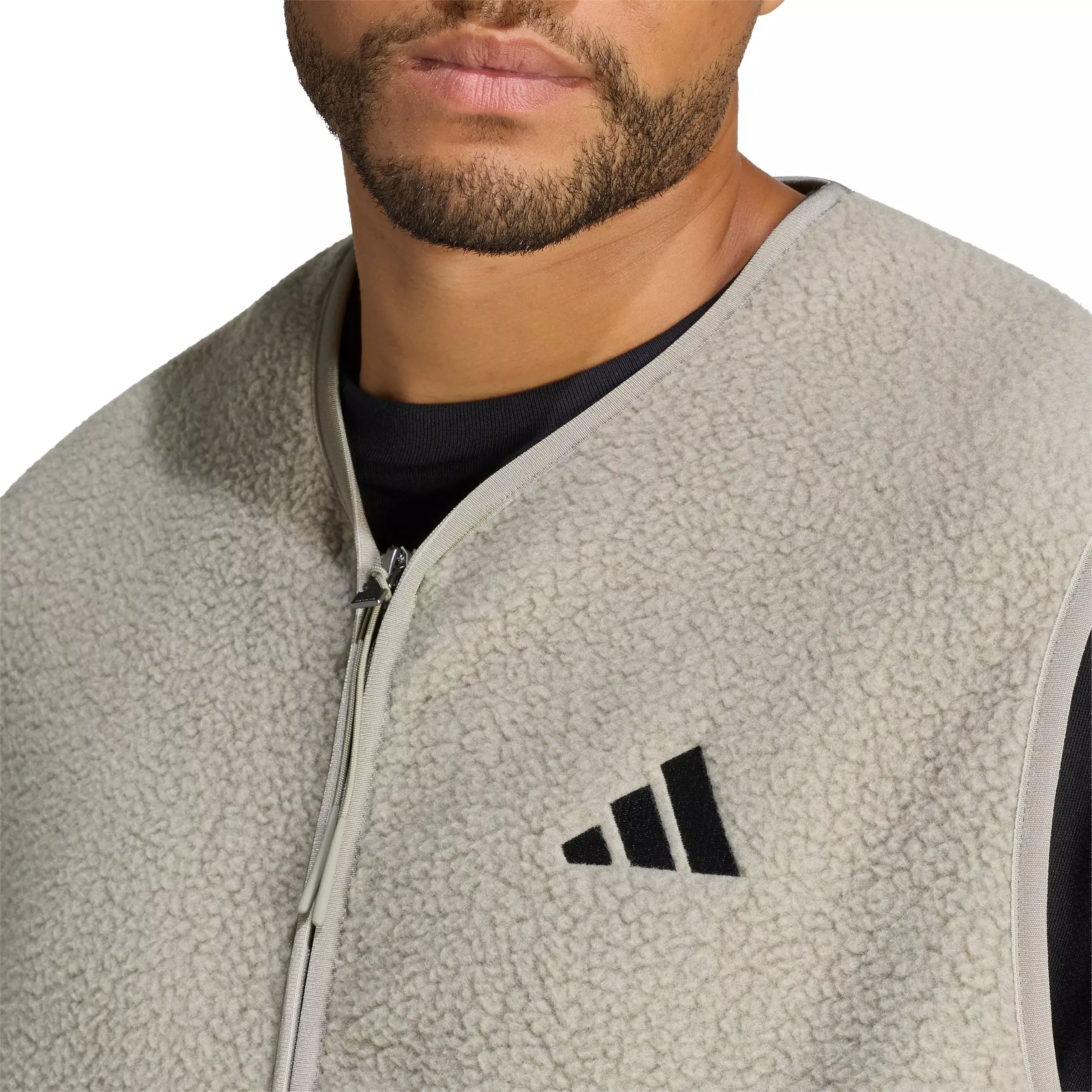 adidas Men's City Tech 3 Stripes High Pile Fleece Vest - Silver Pebble - SILVER PEBBLE