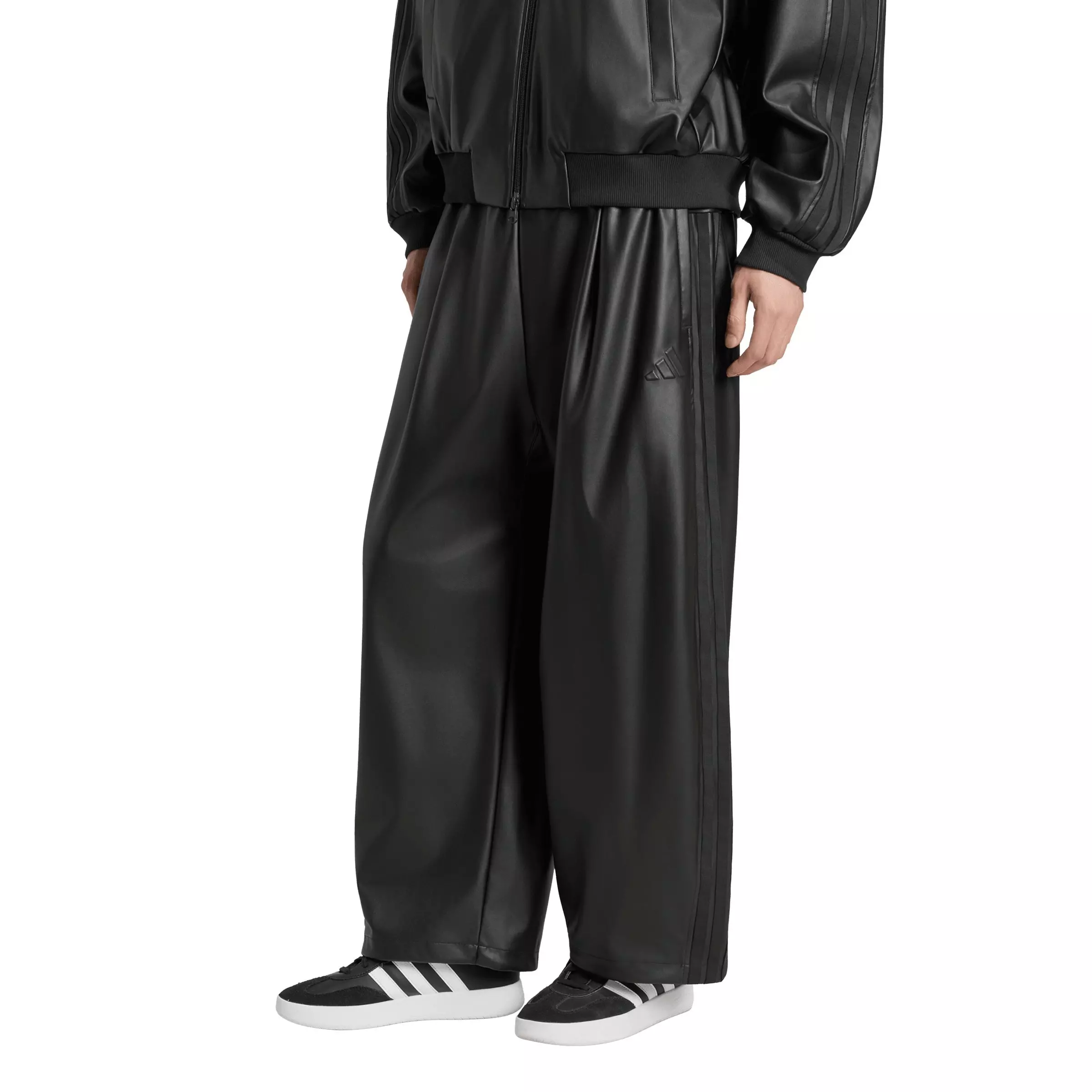 adidas Men's Stadium Oversized Fit Fake Leather Full length Open Hem Pants - Black - BLACK