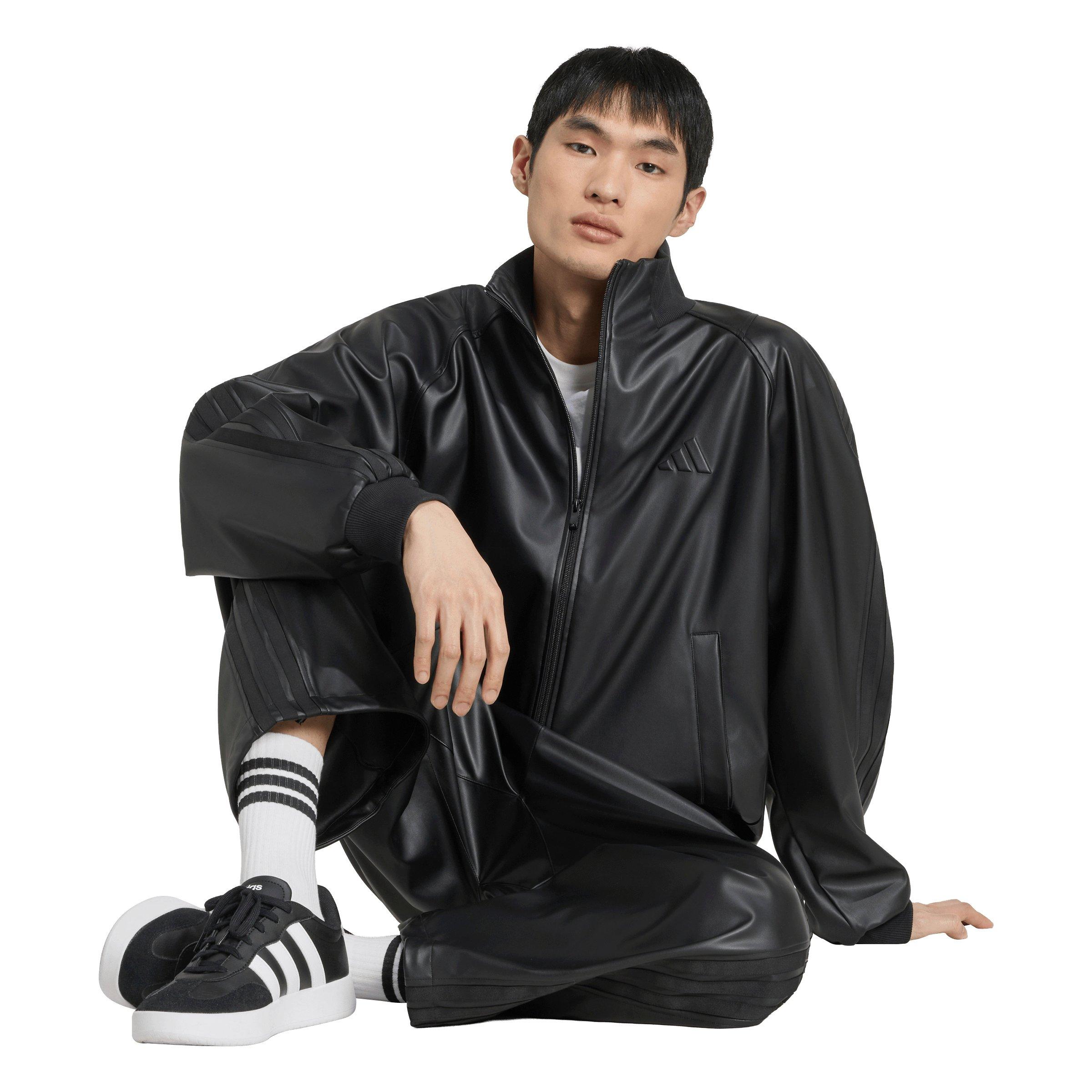 adidas Men's Stadium Oversized Fit Fake Leather Full length Open Hem Pants - Black - BLACK
