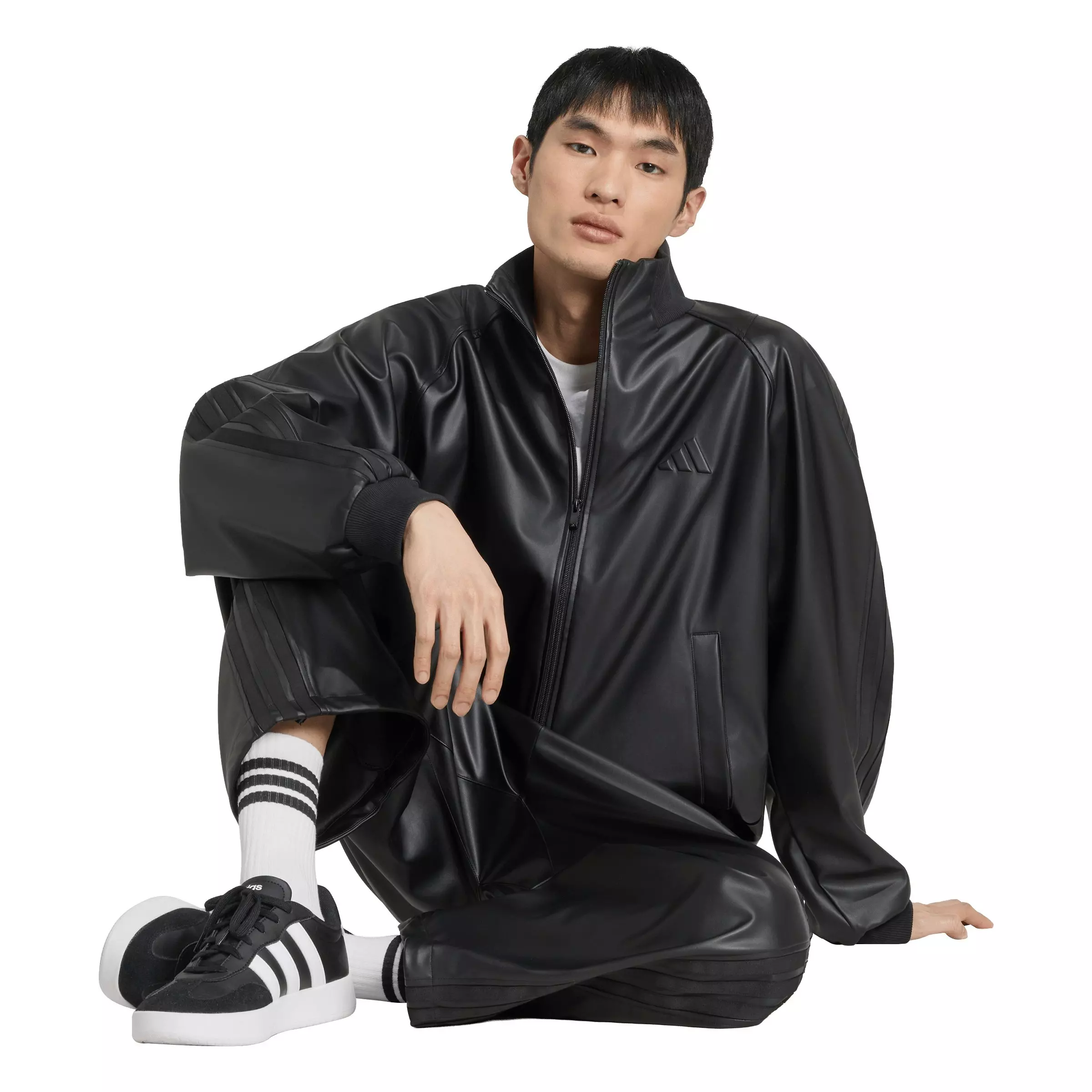 adidas Men's Stadium Oversized Fit Fake Leather Full length Open Hem Pants - Black - BLACK