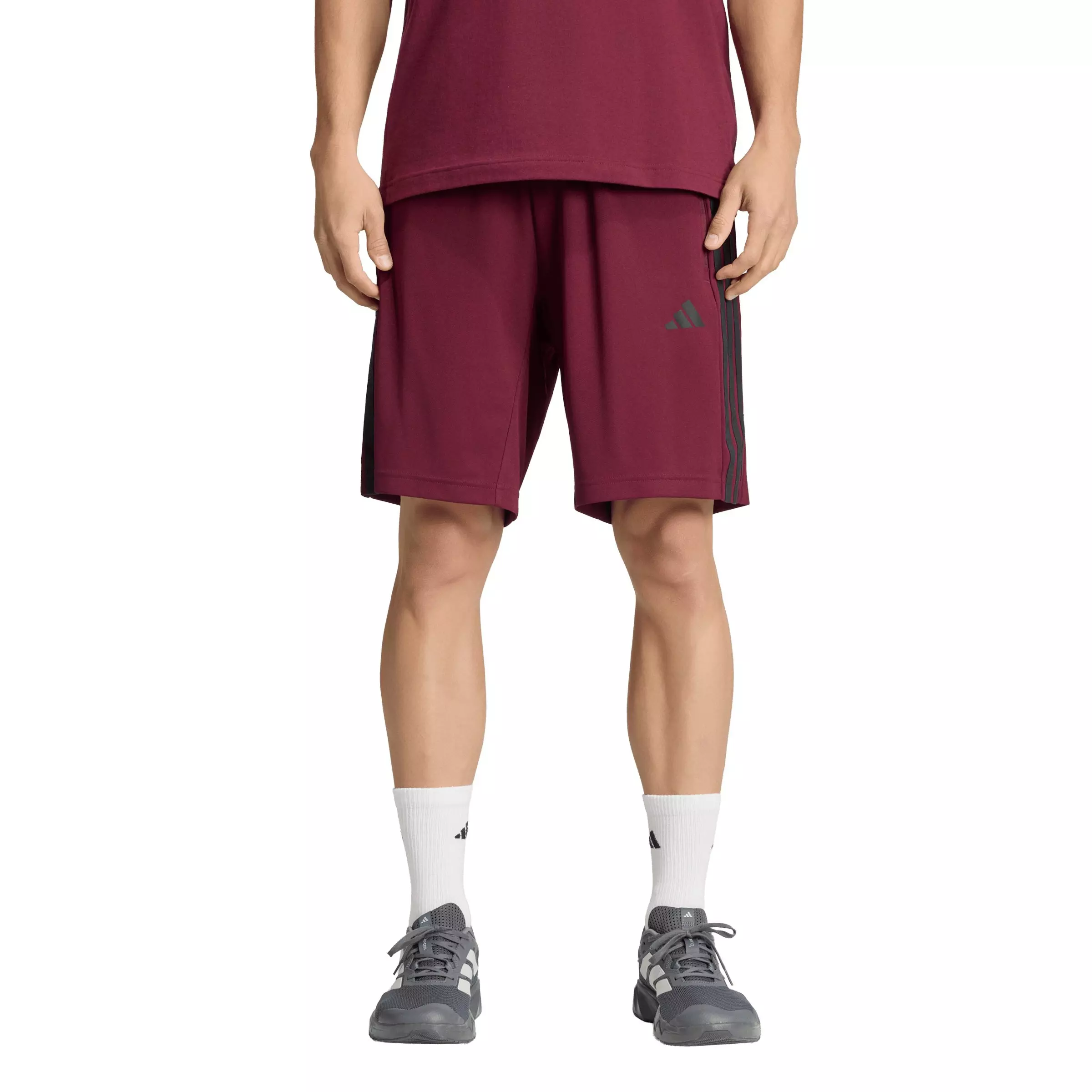 adidas Men's Workout Essentials Base 3-Stripes 9in Pique Short - Maroon - MAROON