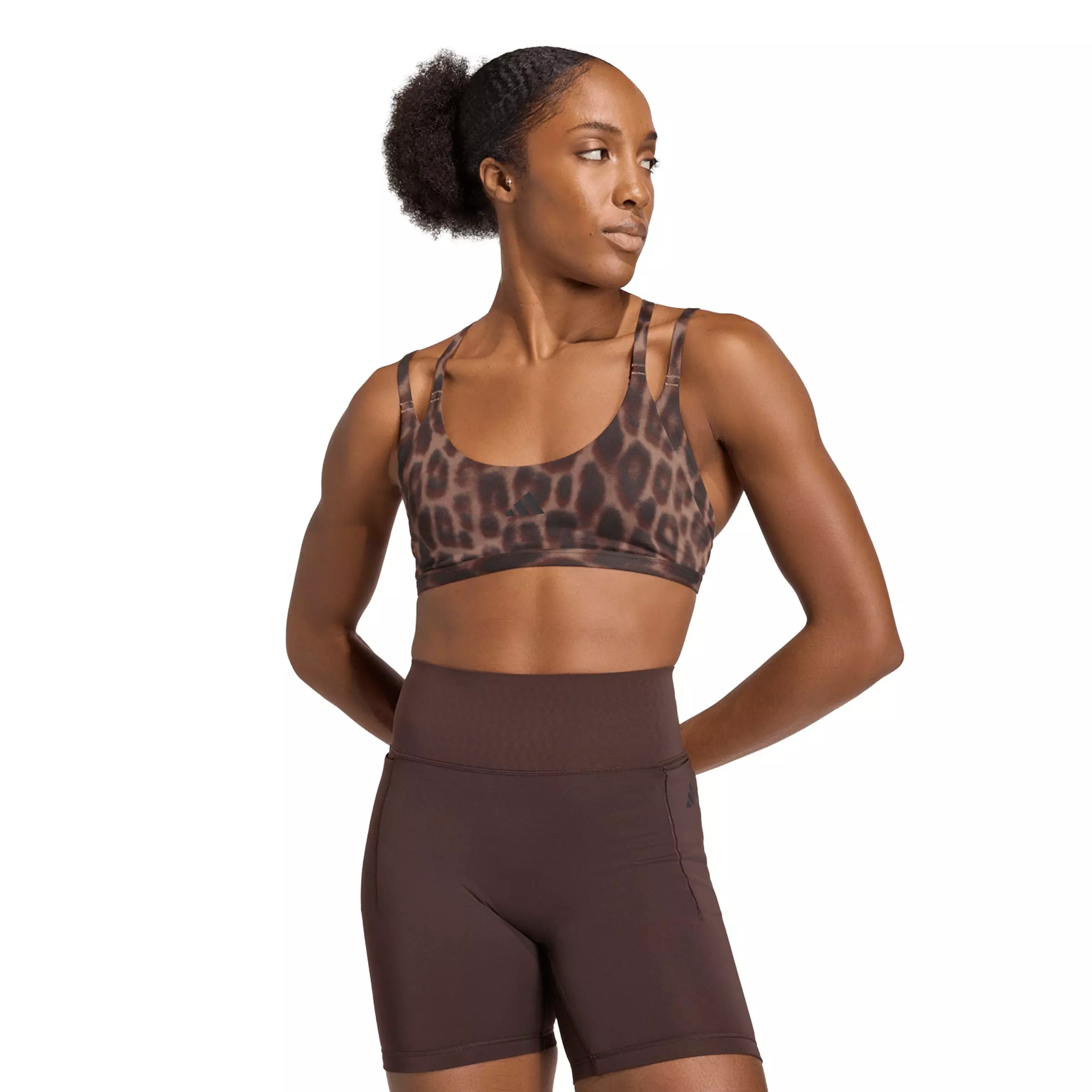 adidas Women's Optime Leopard Strappy Light Support Bra-Brown - BROWN