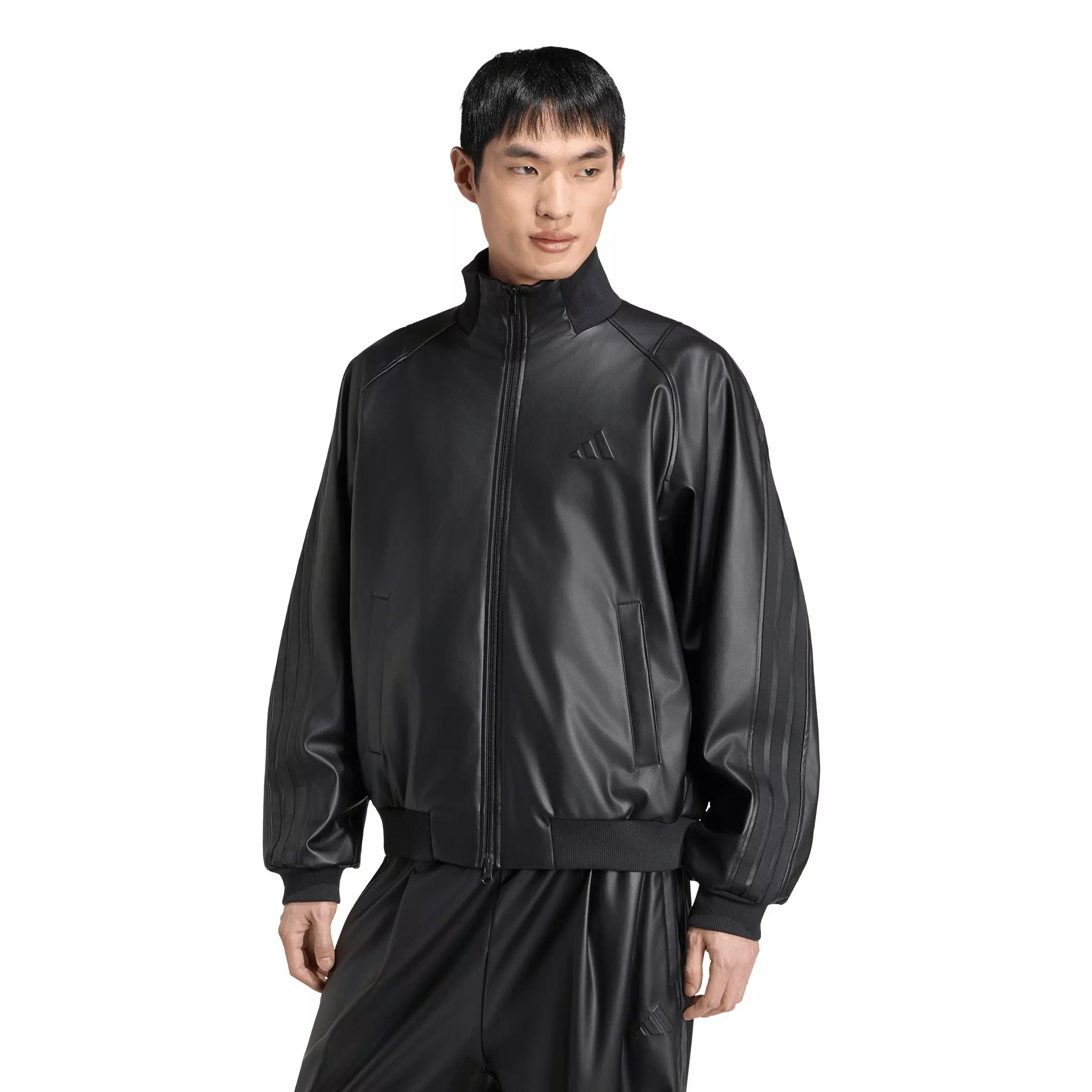 adidas Men's Stadium Loose Fit Fake Leather Track Top - Black - BLACK