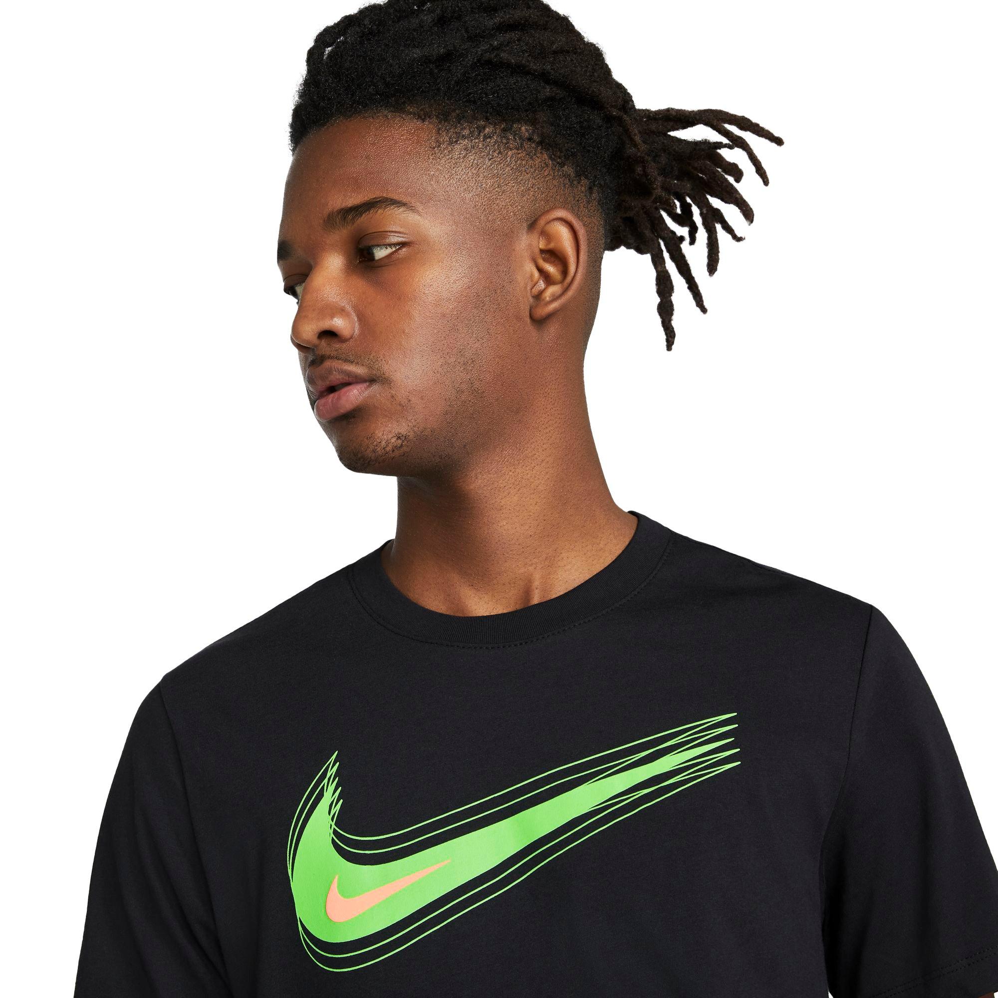 black nike shirt with green swoosh