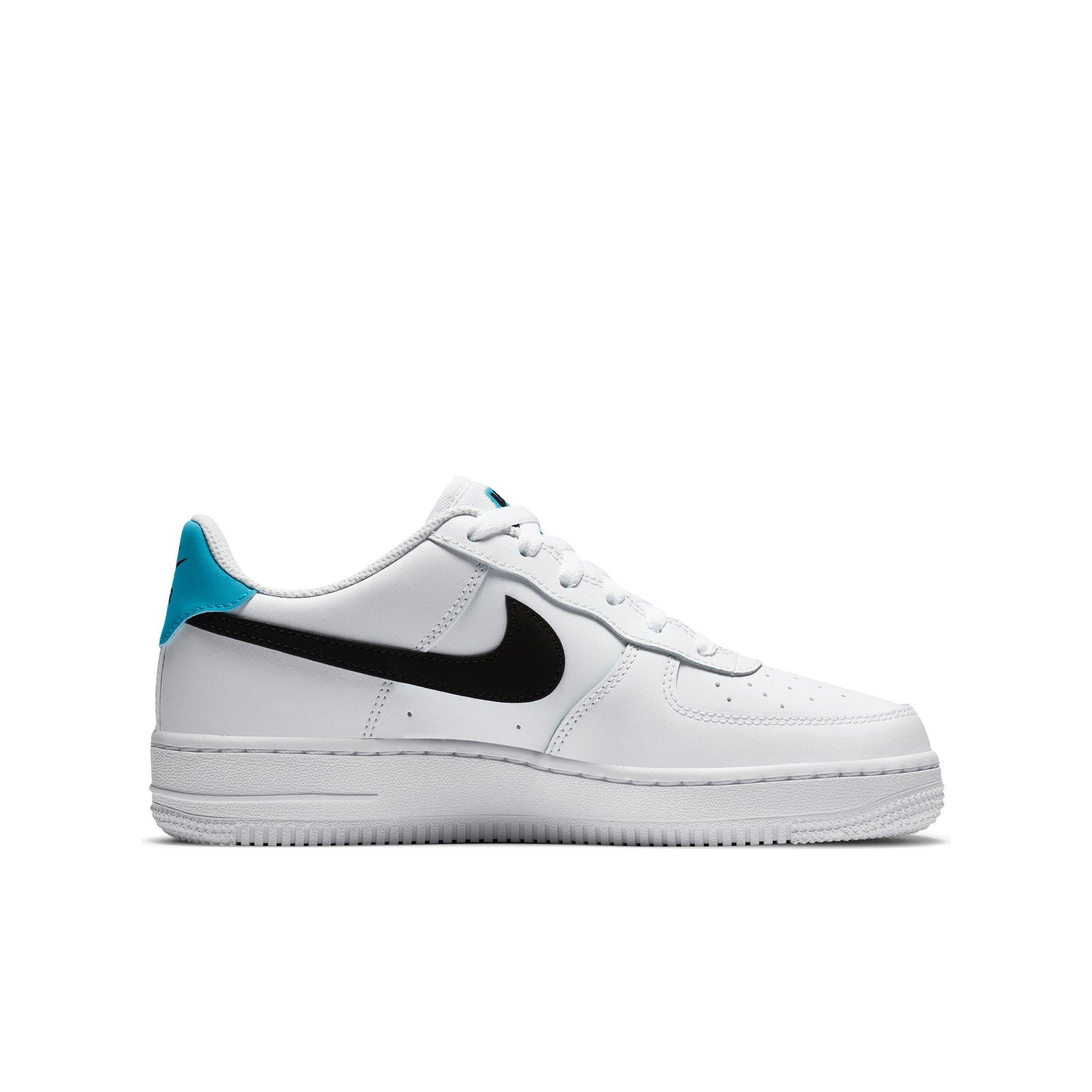 white air forces with blue nike sign