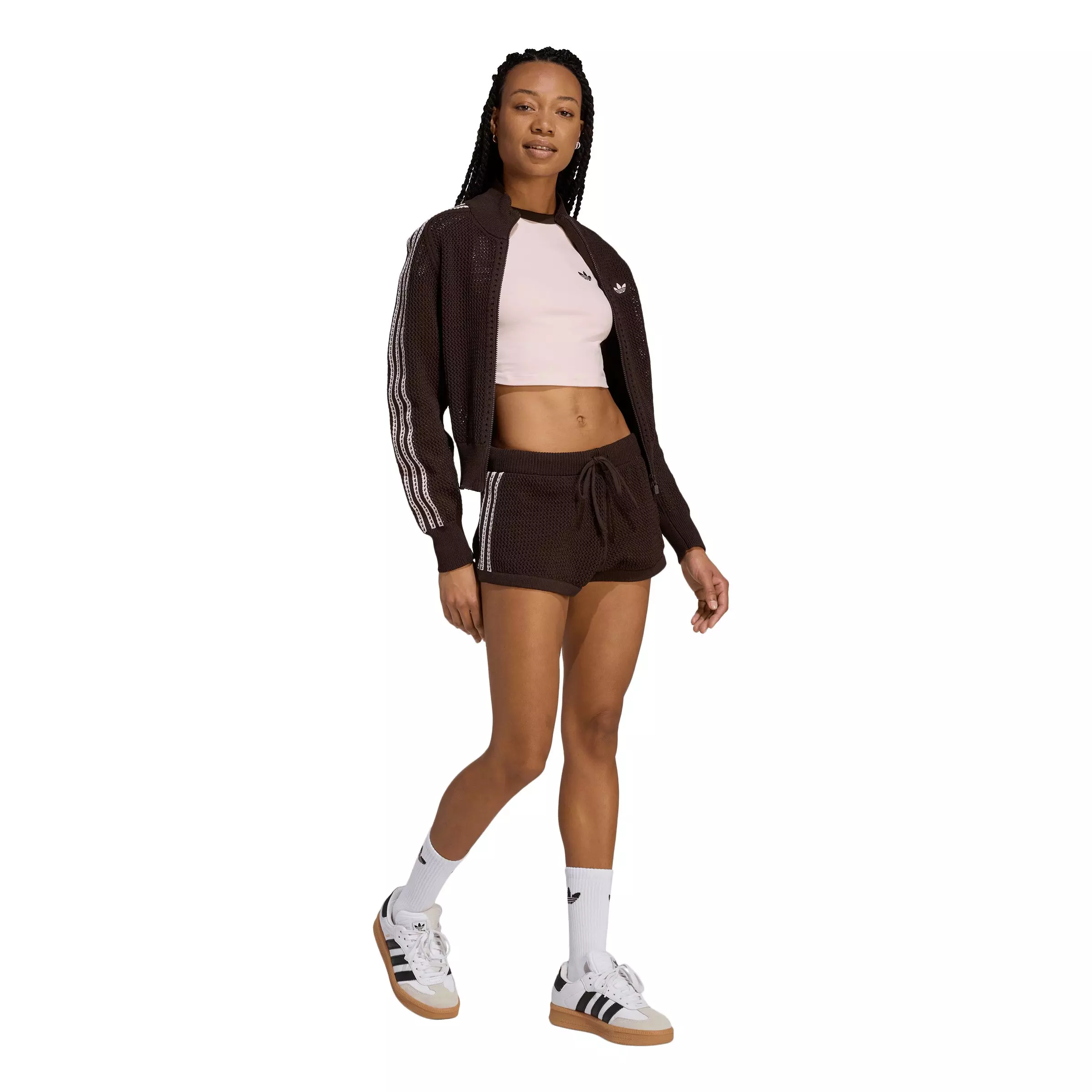 adidas Originals Women's Knitted Crochet Shorts-Brown - BROWN