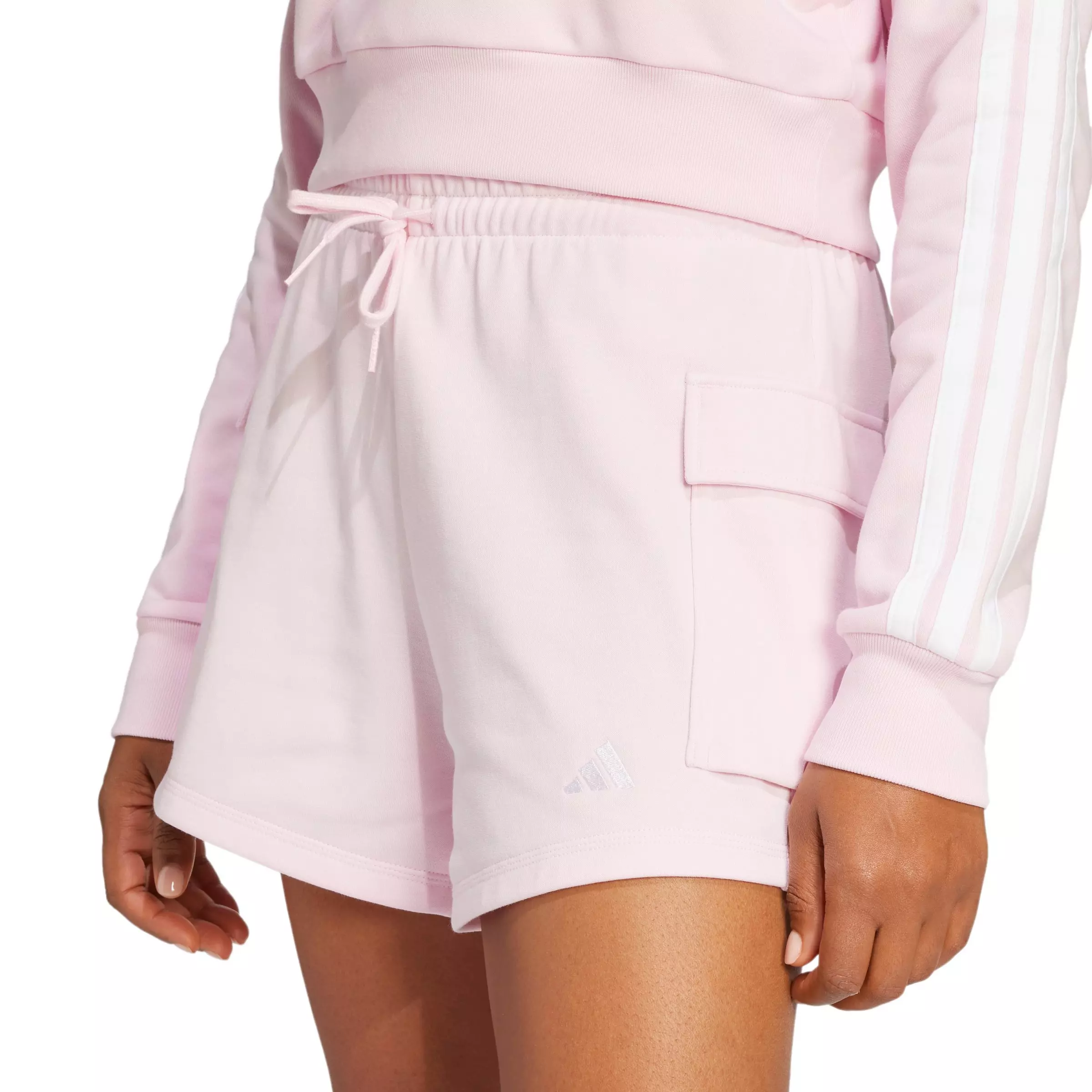 adidas Women's Essentials Small Logo French Terry Cargo Shorts-Pink - PINK
