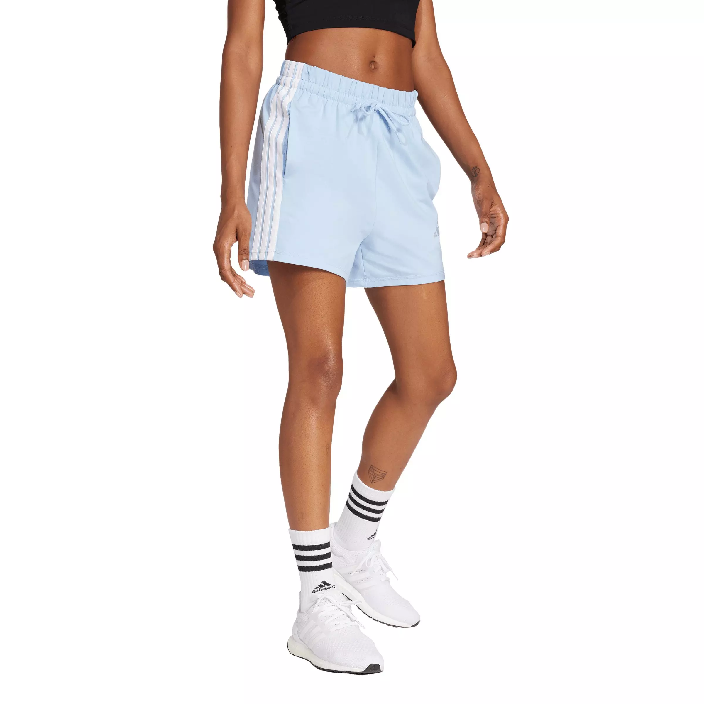 adidas Women's Essentials 3-Stripes Cotton Shorts - Lt Blue/White - LT BLUE/WHITE