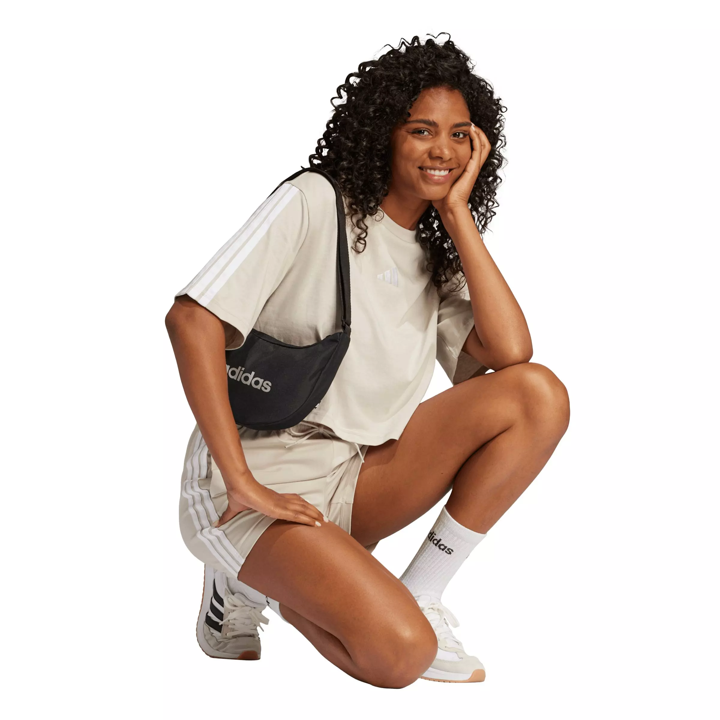 adidas Women's Essentials 3-Stripes Cotton Shorts-Beige - BEIGE