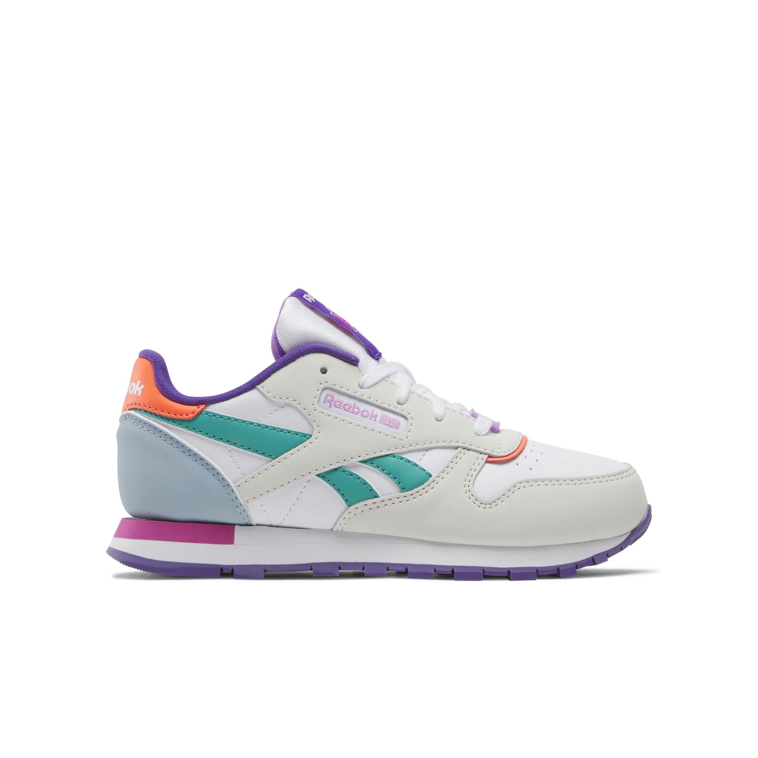 Reebok Classic Leather "Barely Grey/Dynamic Purple/Bold Pink" Preschool Girls' Shoe - GREY/PURPLE/PINK Thumbnail View 1