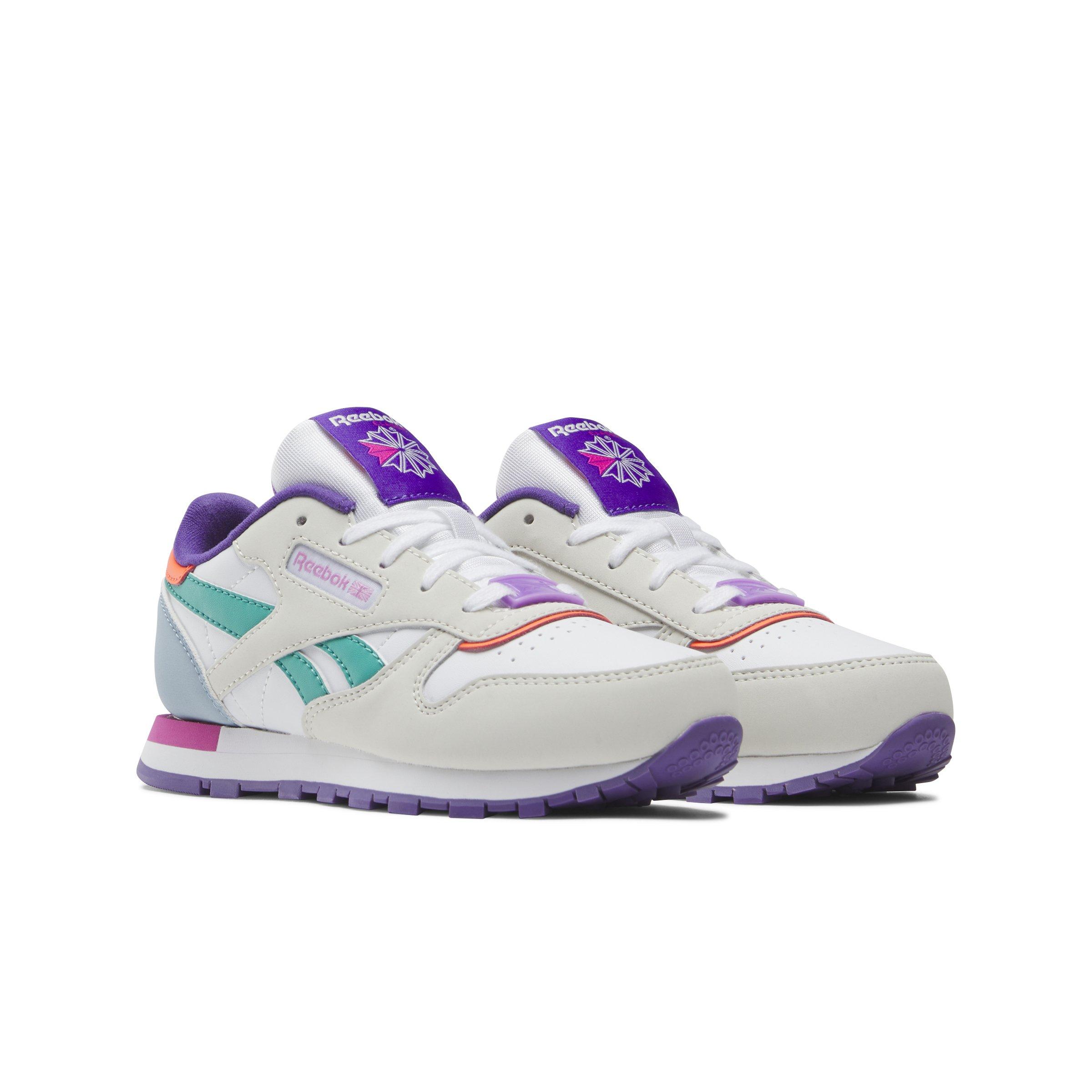 Reebok Classic Leather "Barely Grey/Dynamic Purple/Bold Pink" Preschool Girls' Shoe - GREY/PURPLE/PINK Thumbnail View 2