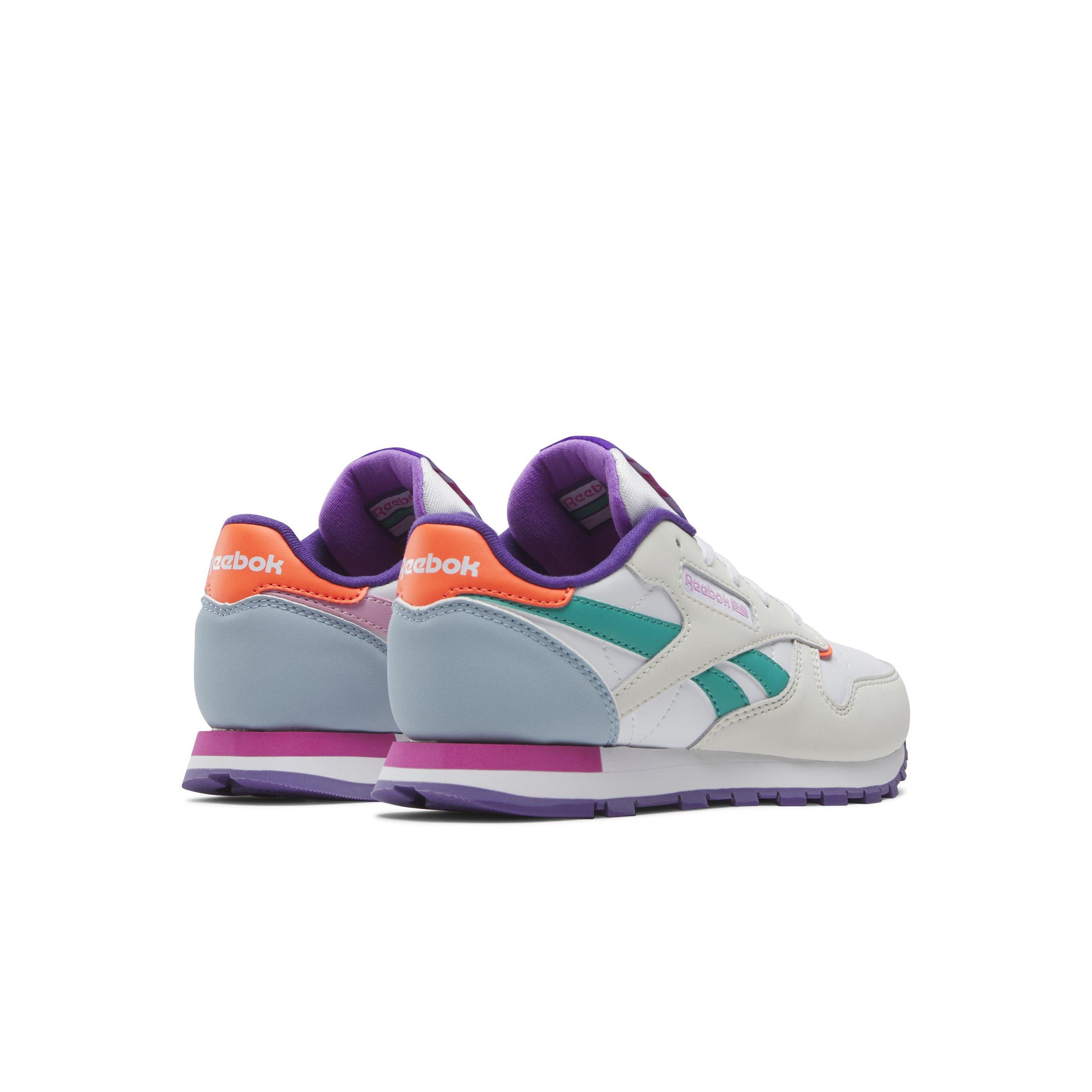 Reebok Classic Leather "Barely Grey/Dynamic Purple/Bold Pink" Preschool Girls' Shoe - GREY/PURPLE/PINK Thumbnail View 3