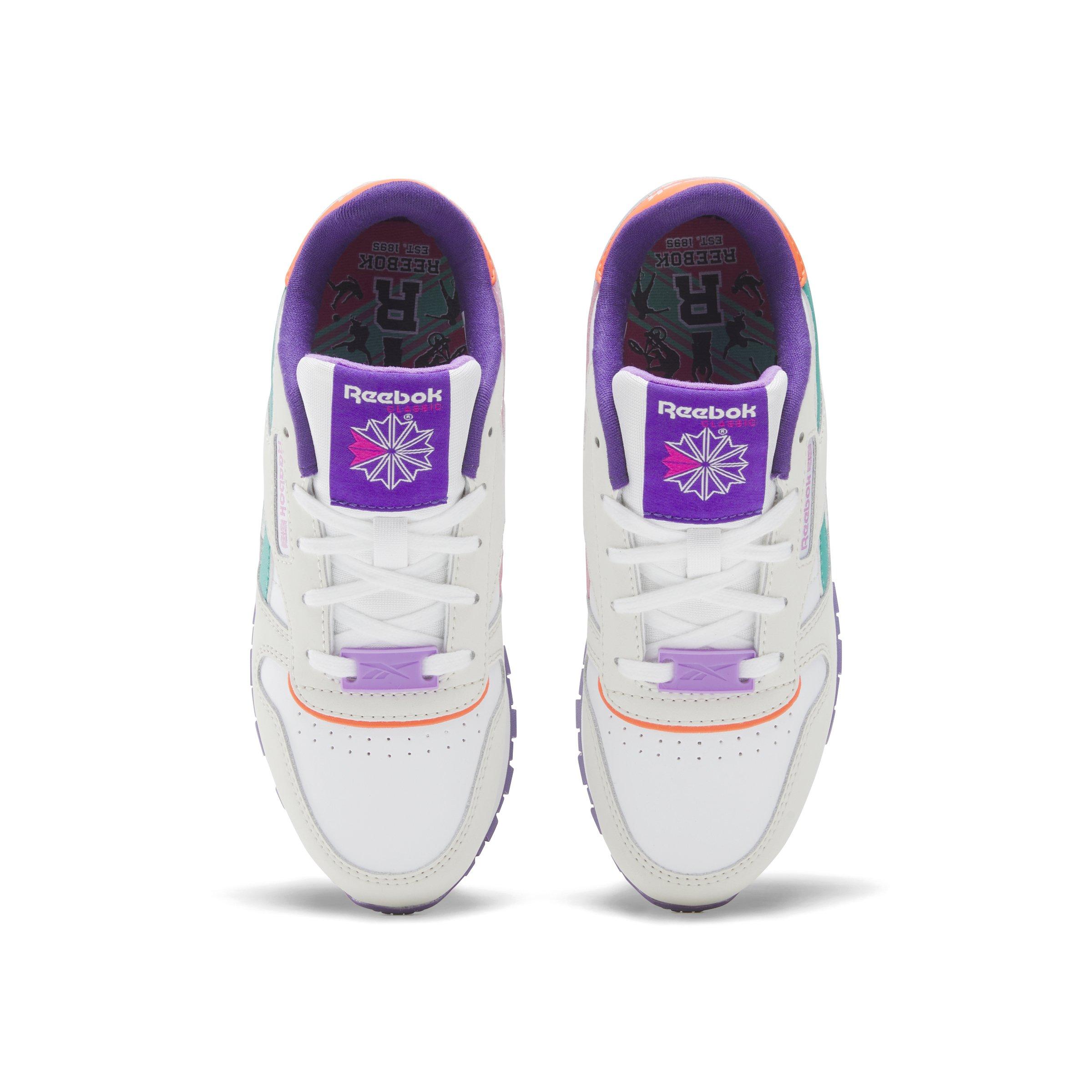 Reebok Classic Leather "Barely Grey/Dynamic Purple/Bold Pink" Preschool Girls' Shoe - GREY/PURPLE/PINK Thumbnail View 4