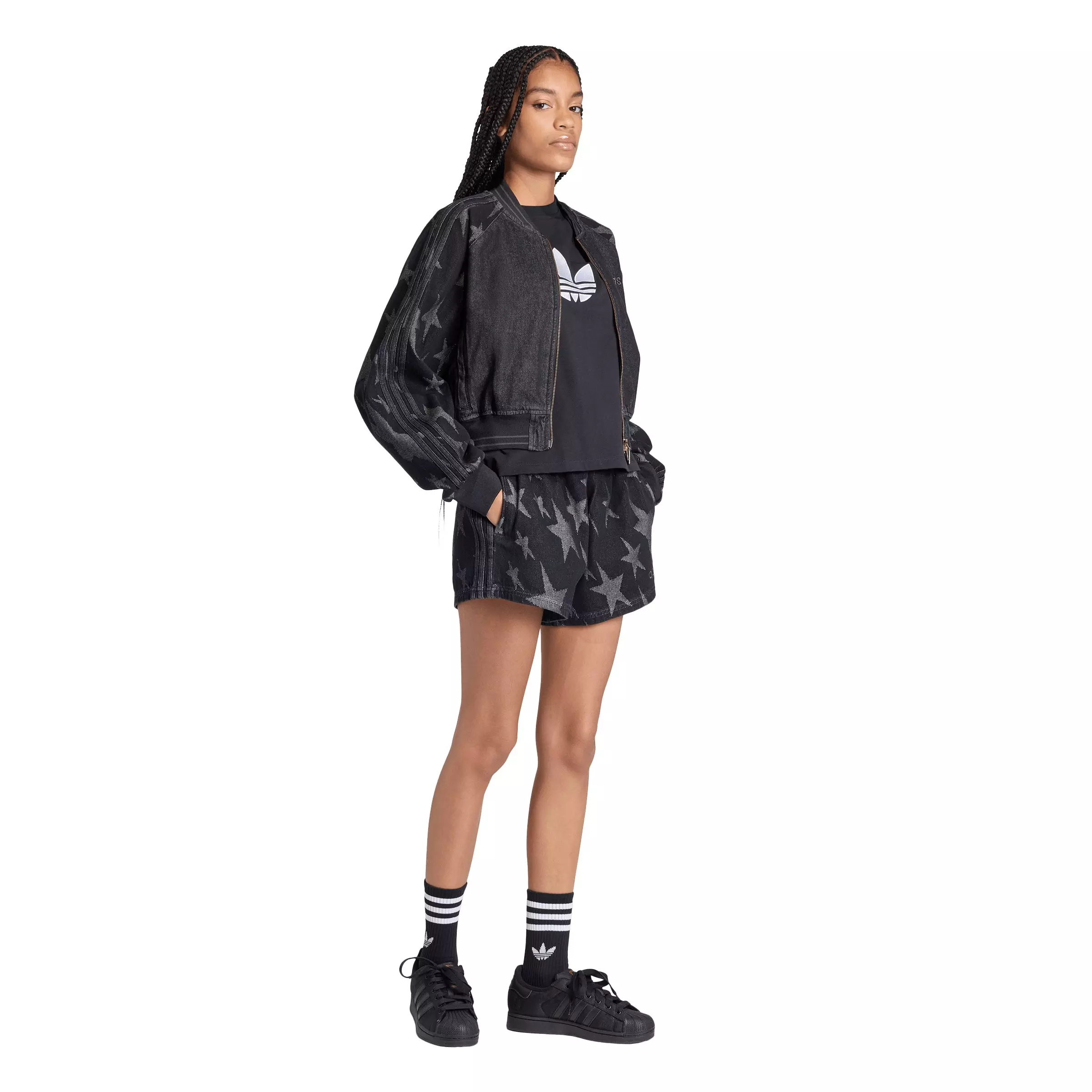 adidas Originals Women's SST Denim Graphic Varsity Bomber Jacket - Black - BLACK