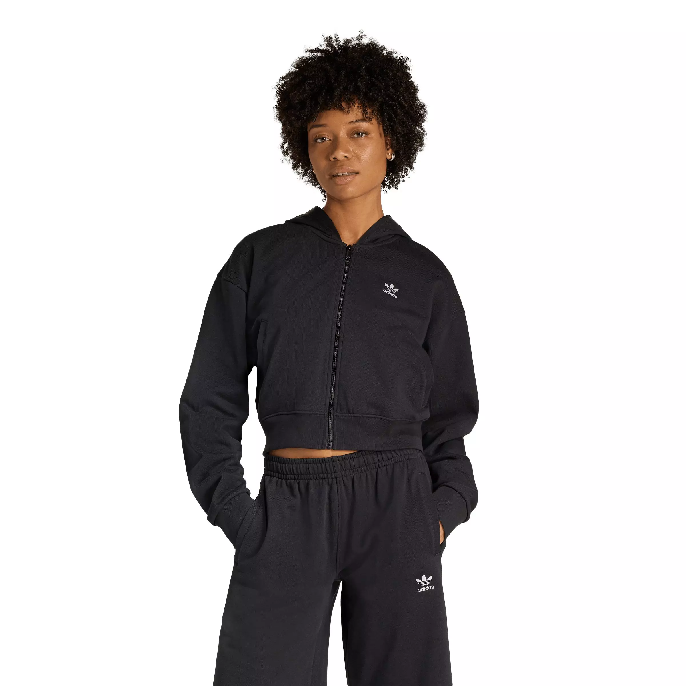 adidas Originals Women's Essentials French Terry Cropped Hooded Jacket - Black - BLACK