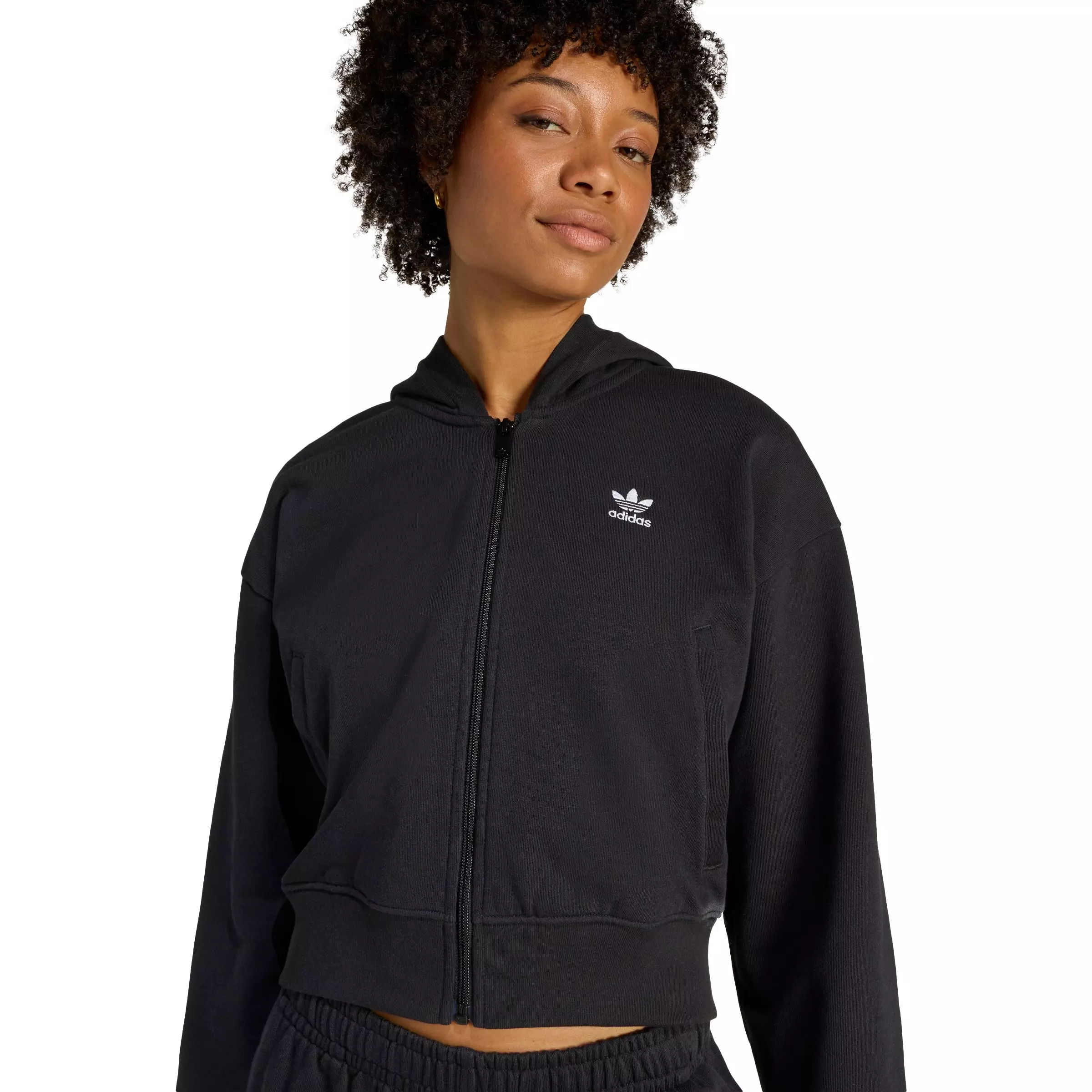 adidas Originals Women's Essentials French Terry Cropped Hooded Jacket - Black - BLACK